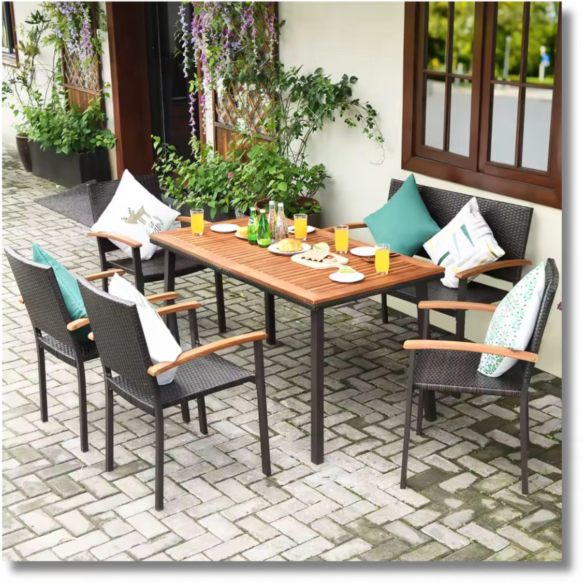 6PCS Patio Dining Set by Add2Home – Acacia Wood Table & Rattan Seating