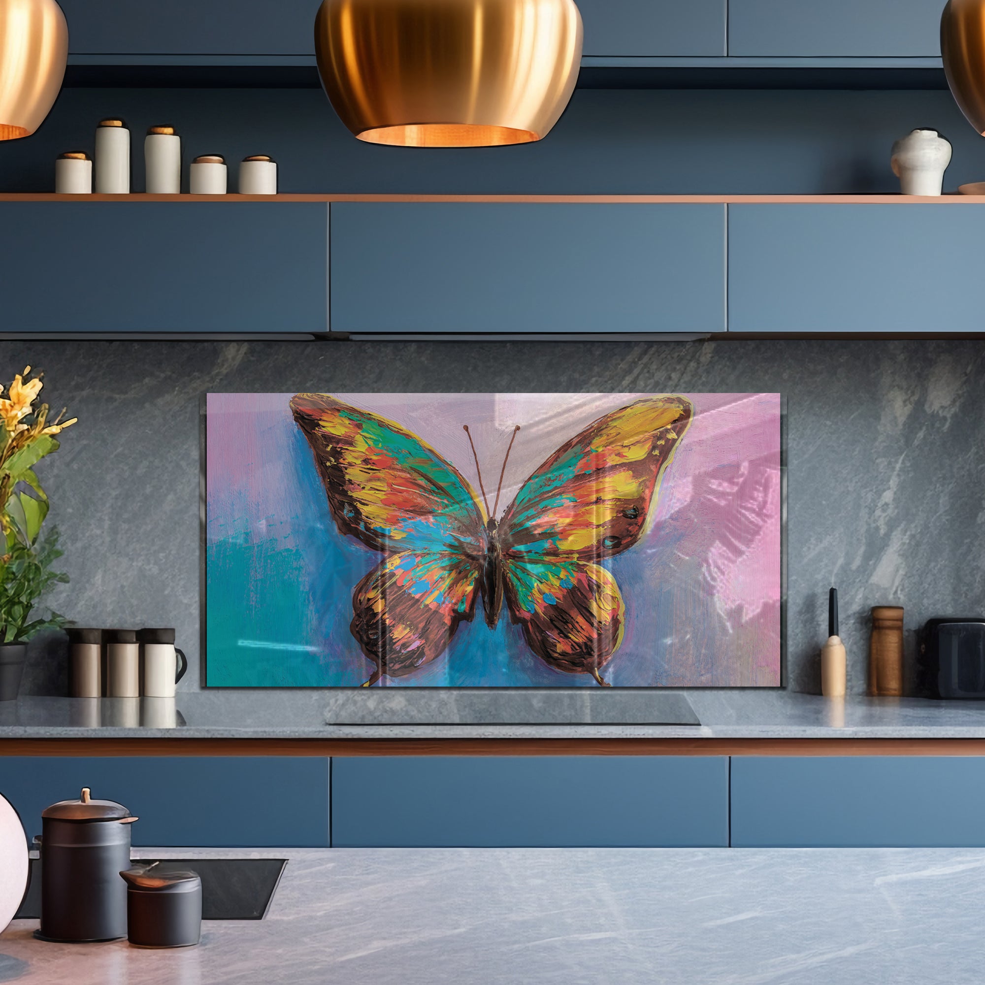 Colorful Butterfly Tempered Glass Backsplash – Artistic Kitchen Wall Panel