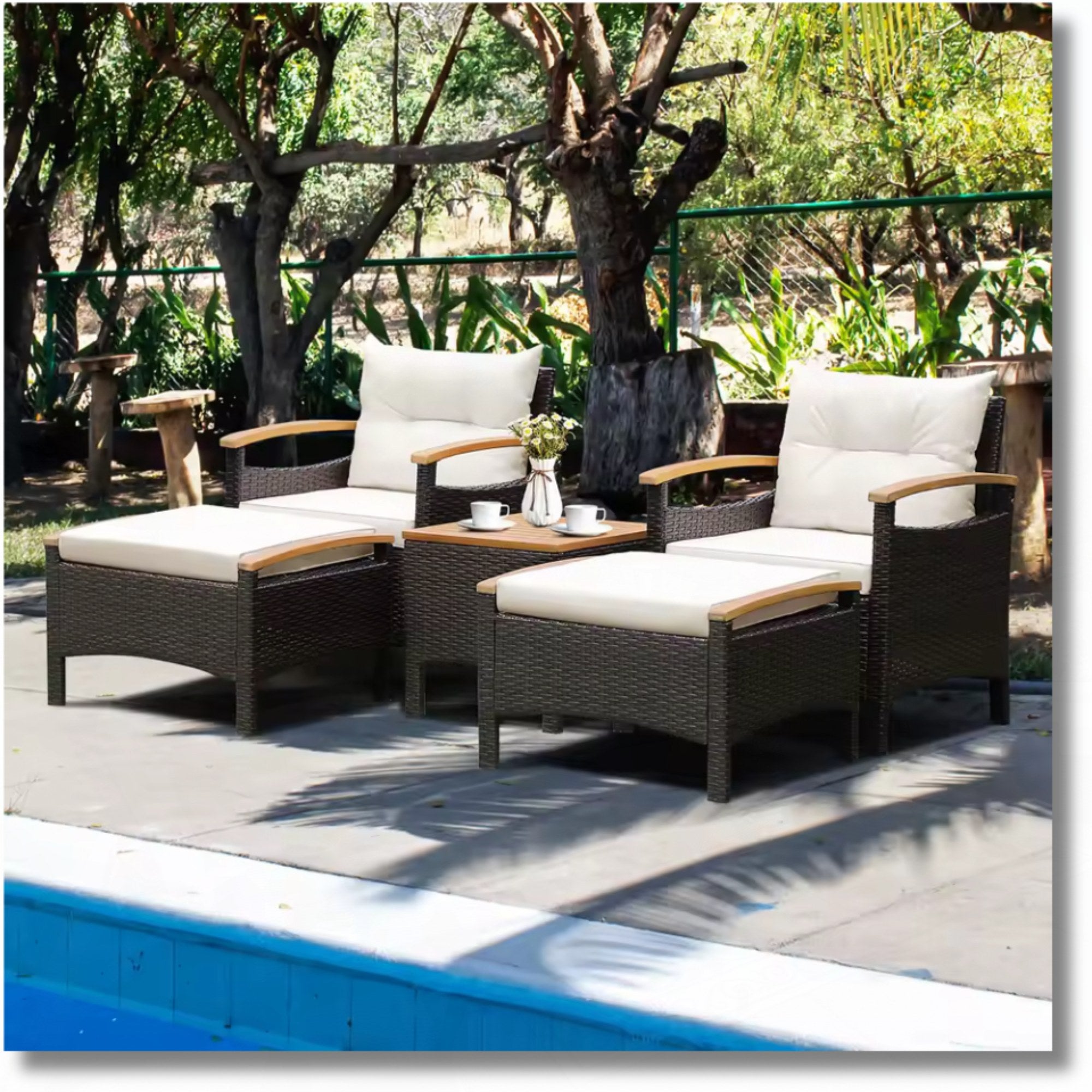 5PCS Patio Sofa Set by Add2Home – Rattan Chairs & Ottomans with Wood Top Table