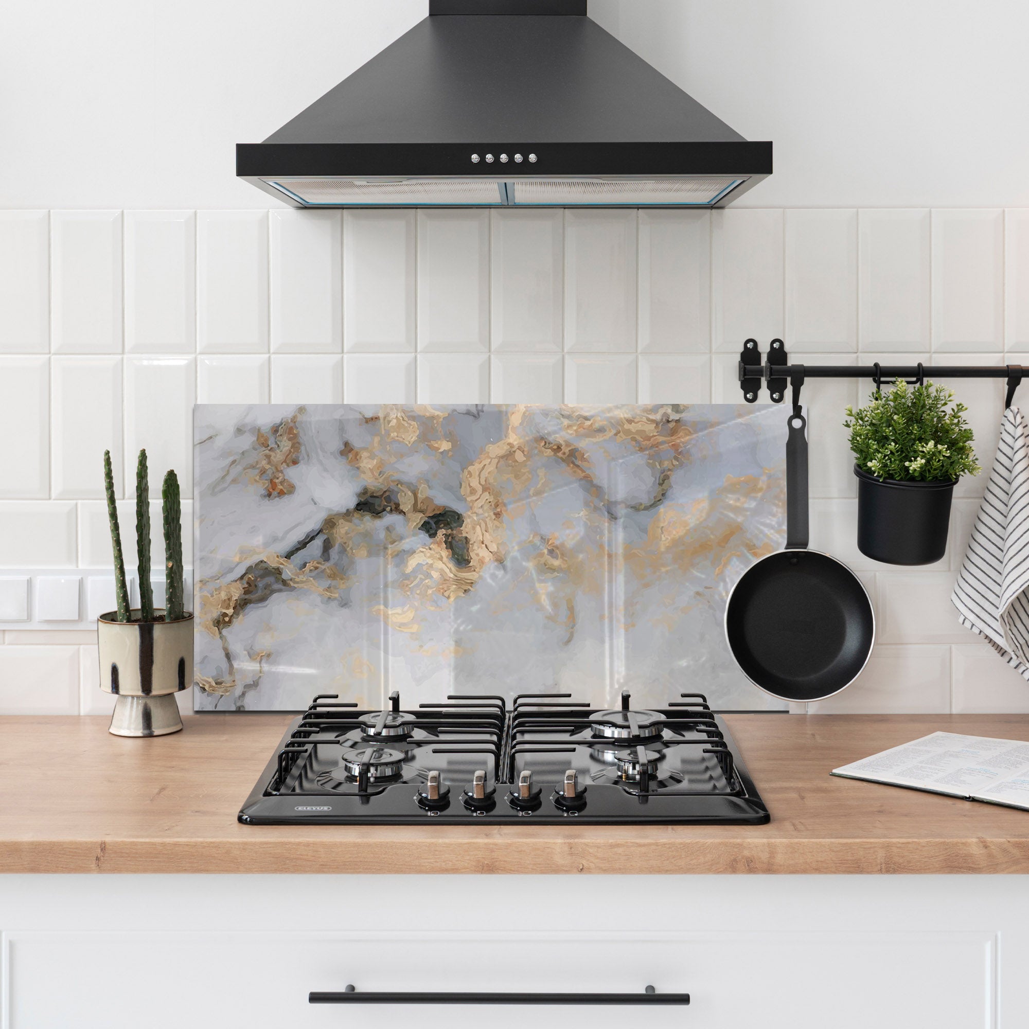 White & Gold Marble Tempered Glass Backsplash – Elegant Kitchen Wall Panel