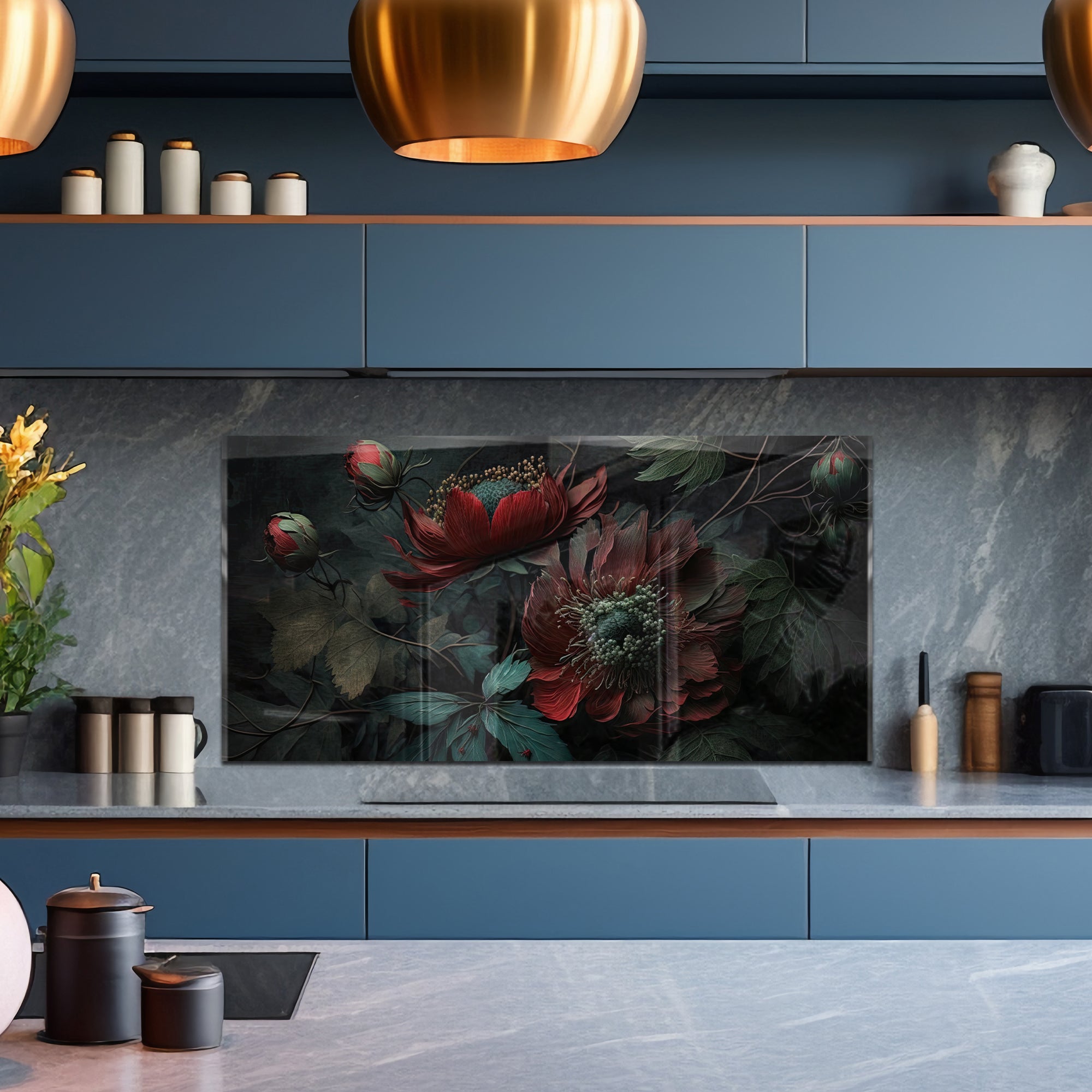 Dark Floral Elegance – Glass Kitchen Backsplash Panel