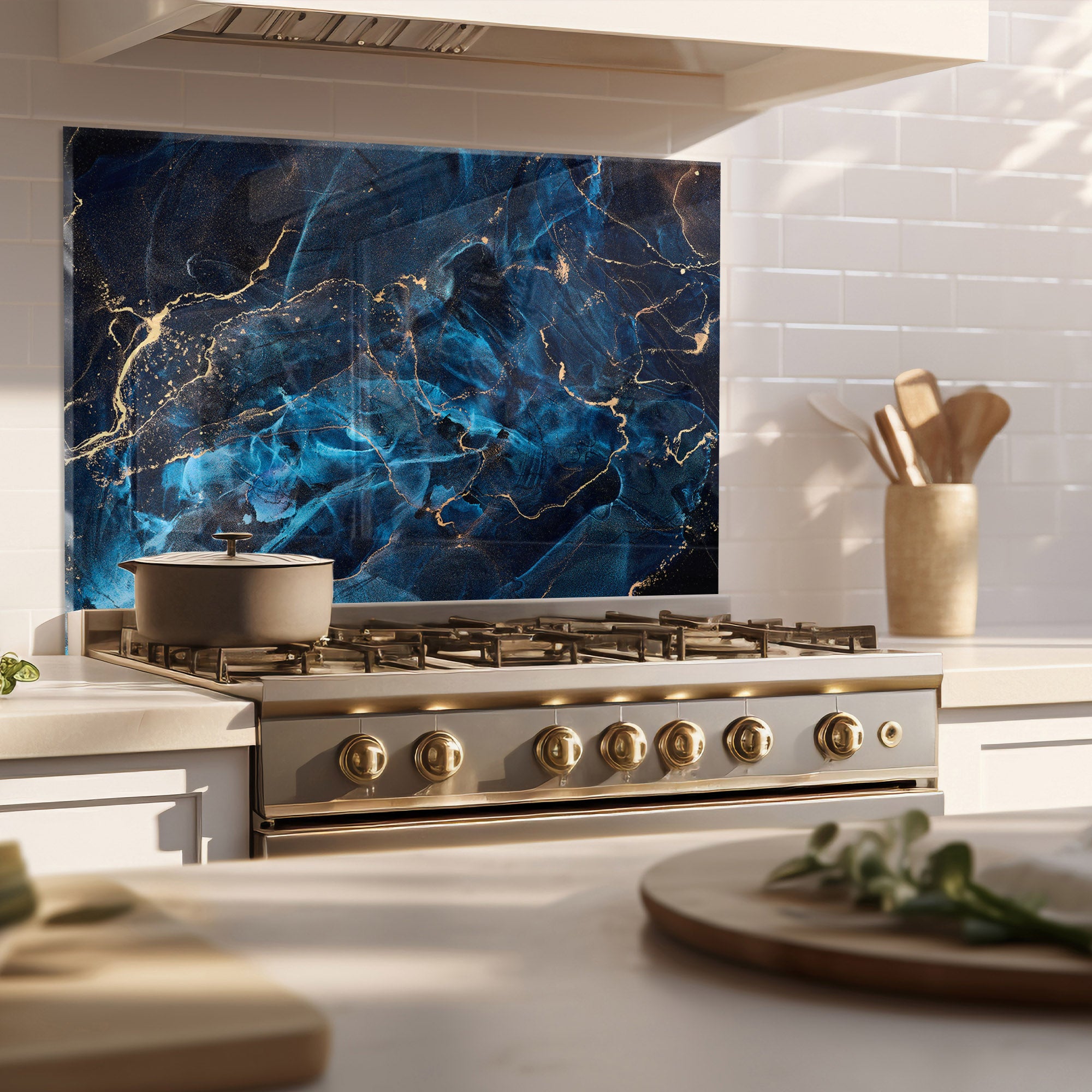Blue Marble Tempered Glass Backsplash – Luxury Gold Vein Kitchen Panel