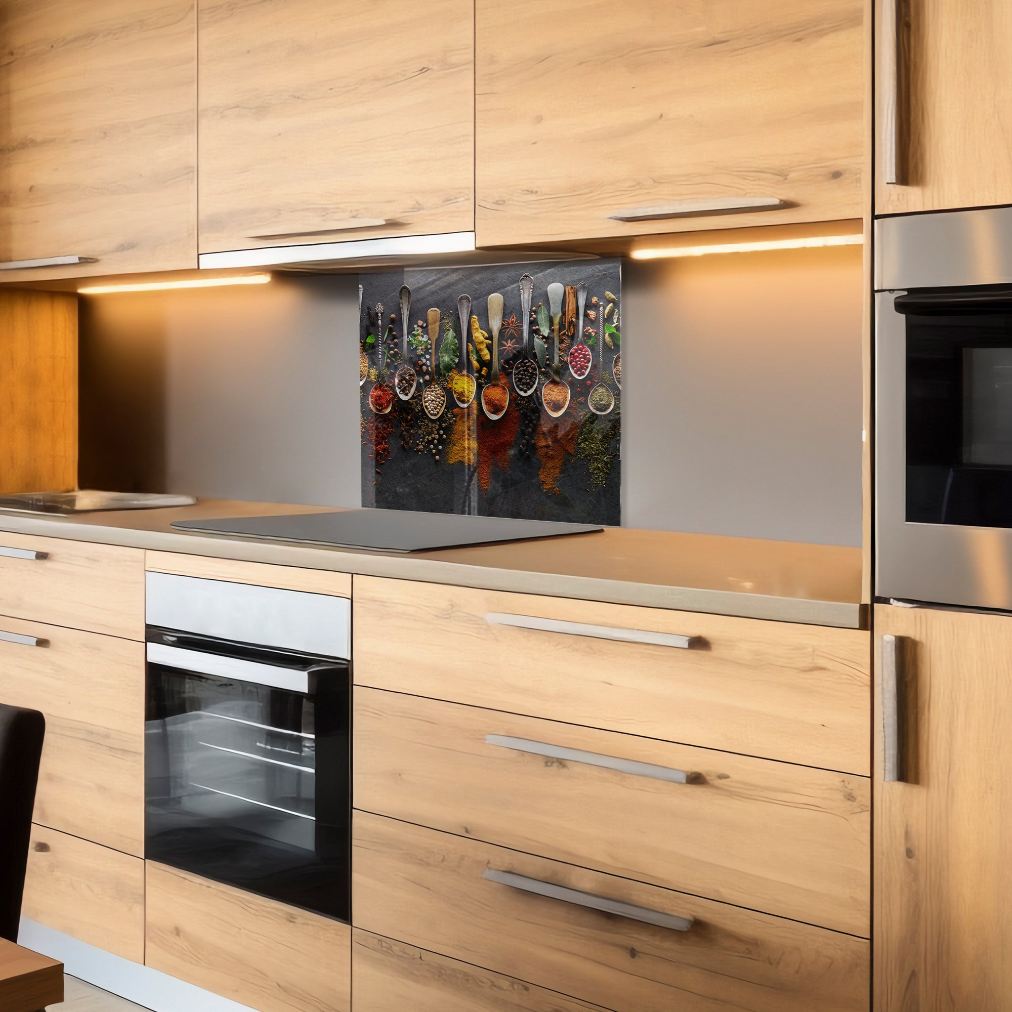 Spices on Dark Stone Tempered Glass Backsplash – Gourmet Kitchen Wall Panel