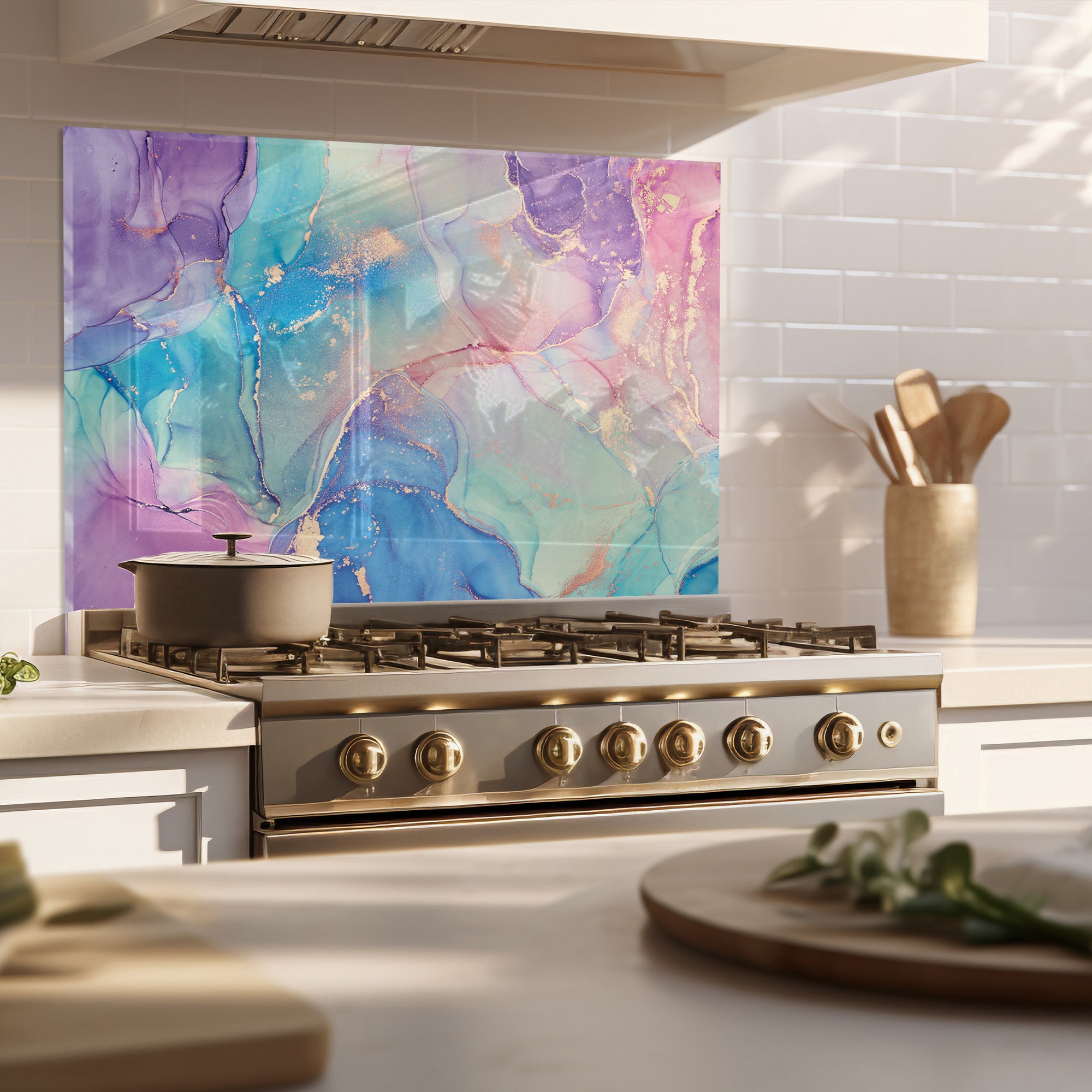 Colorful Ink Marble Glass Backsplash – Purple & Blue Abstract Kitchen Panel