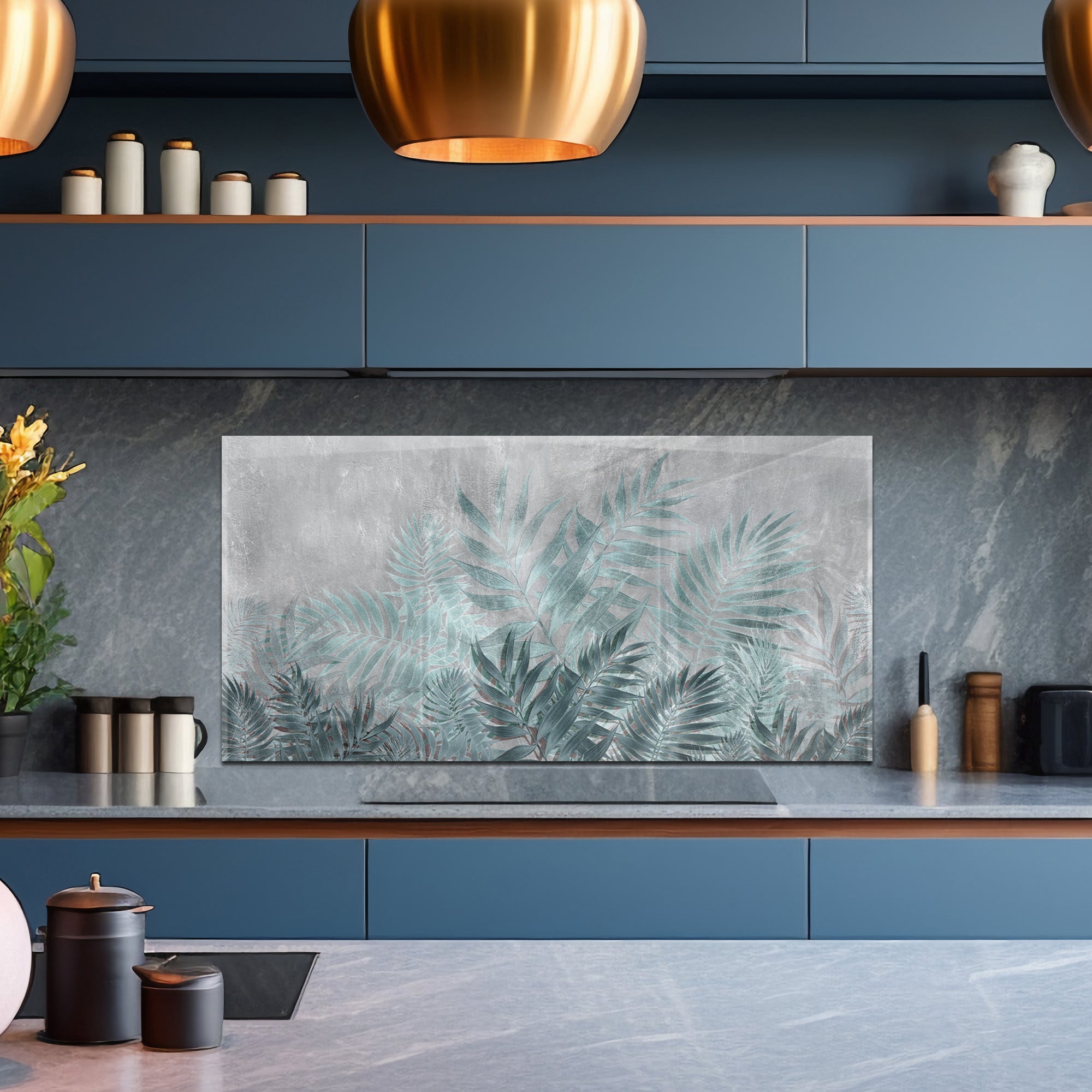 Tropical Leaves Tempered Glass Backsplash – Modern Botanical Kitchen Panel