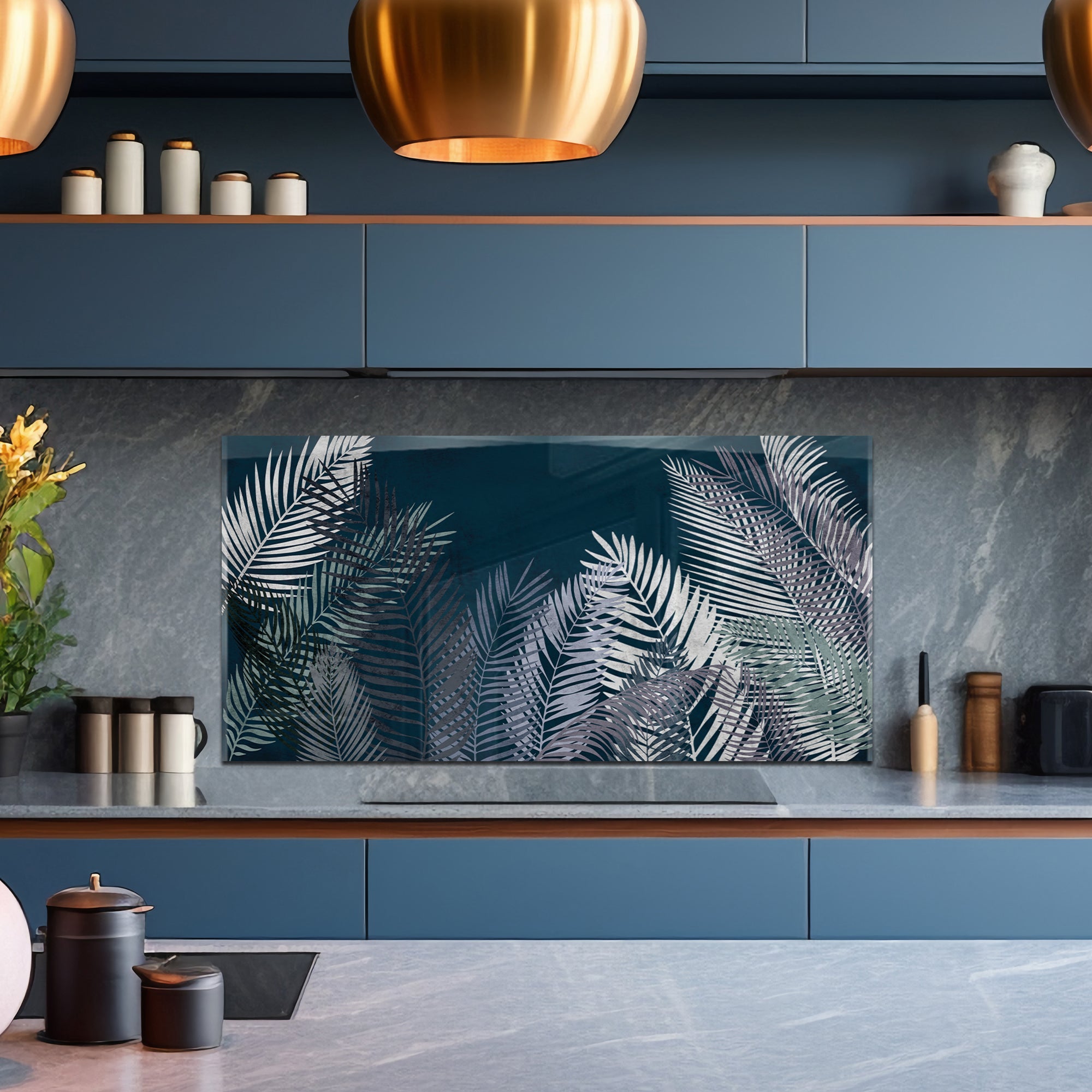Midnight Palm Leaves Tempered Glass Backsplash – Dark Tropical Kitchen Panel