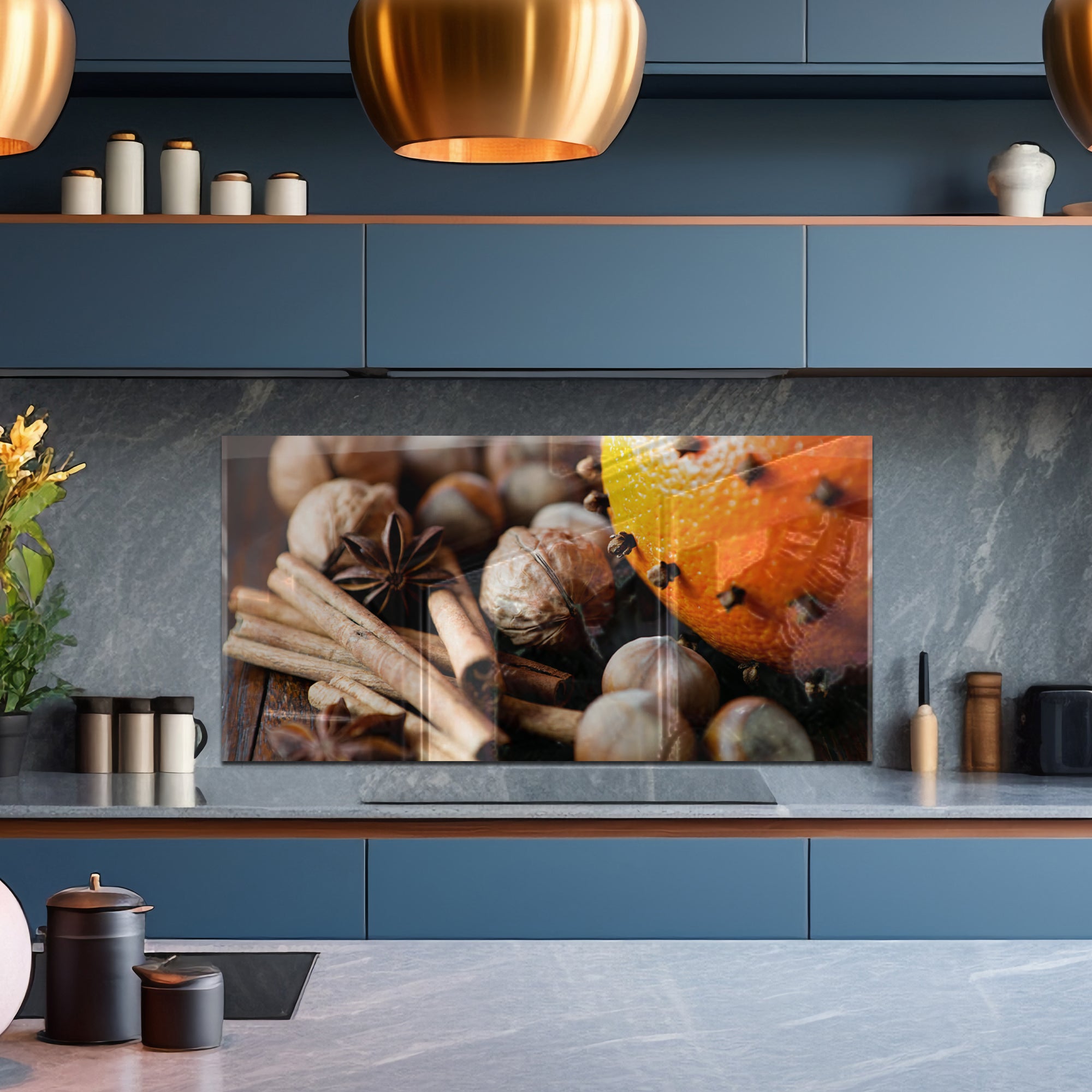 Spices & Nuts Tempered Glass Backsplash – Warm Gourmet Kitchen Panel