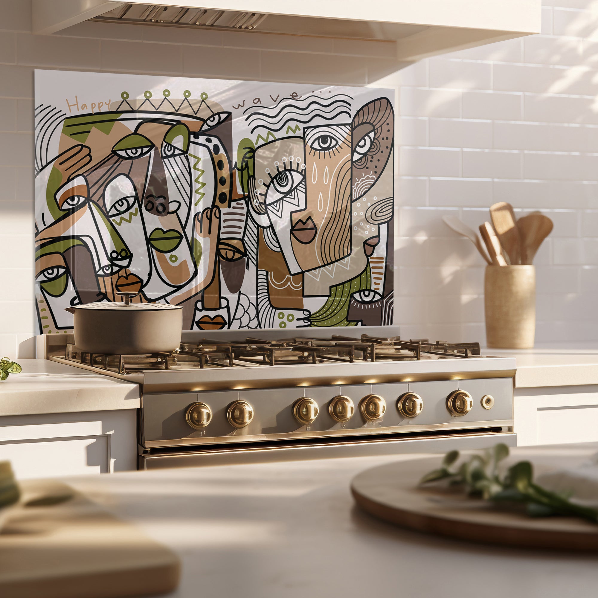 Cubist Faces Tempered Glass Backsplash – Abstract Modern Art Kitchen Panel