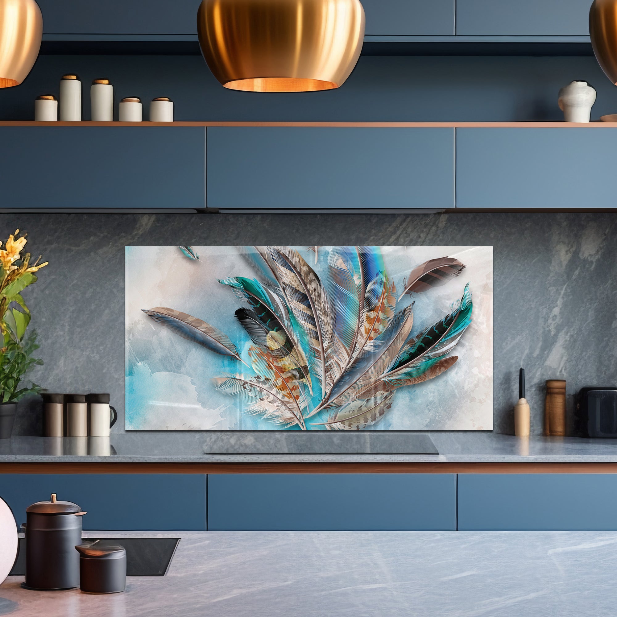 Feather Burst Tempered Glass Backsplash – Colorful Kitchen Art Panel