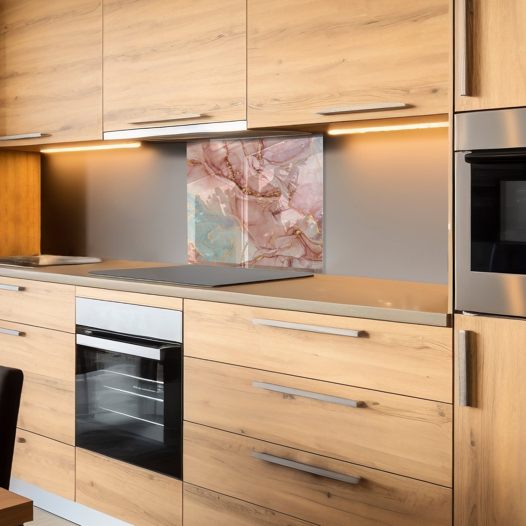 Pink Ink Marble Glass Backsplash – Elegant Abstract Kitchen Panel