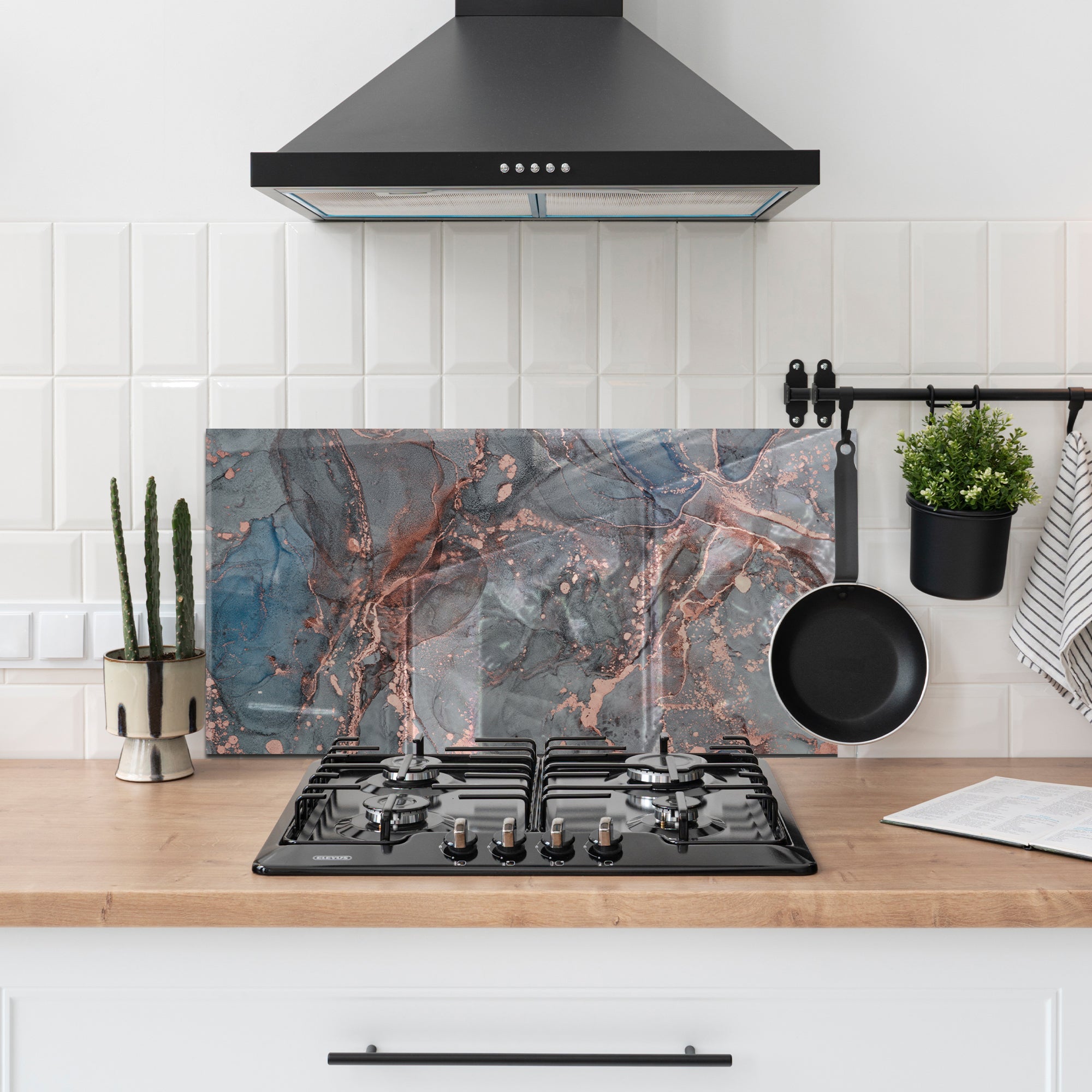 Smoky Rose Marble Tempered Glass Backsplash – Grey & Copper Abstract Panel