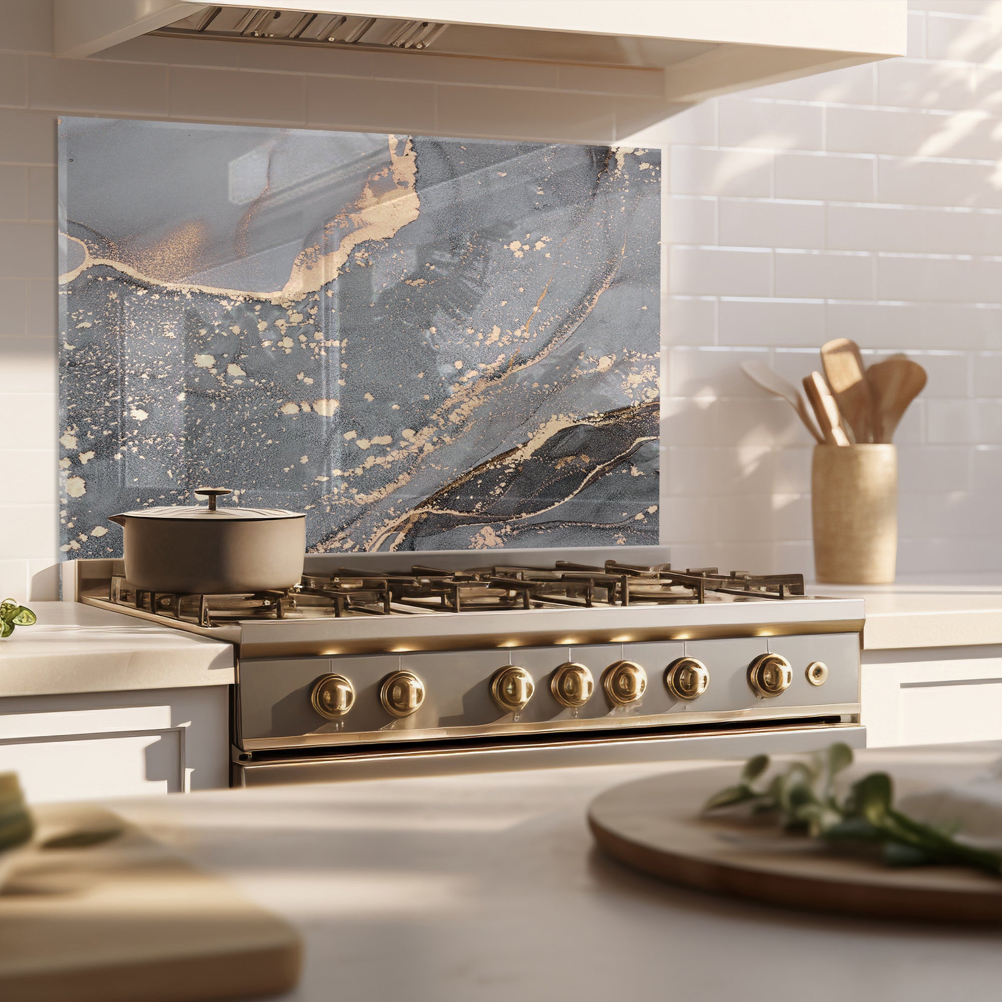 Grey Marble Tempered Glass Backsplash – Gold Vein Luxury Kitchen Panel