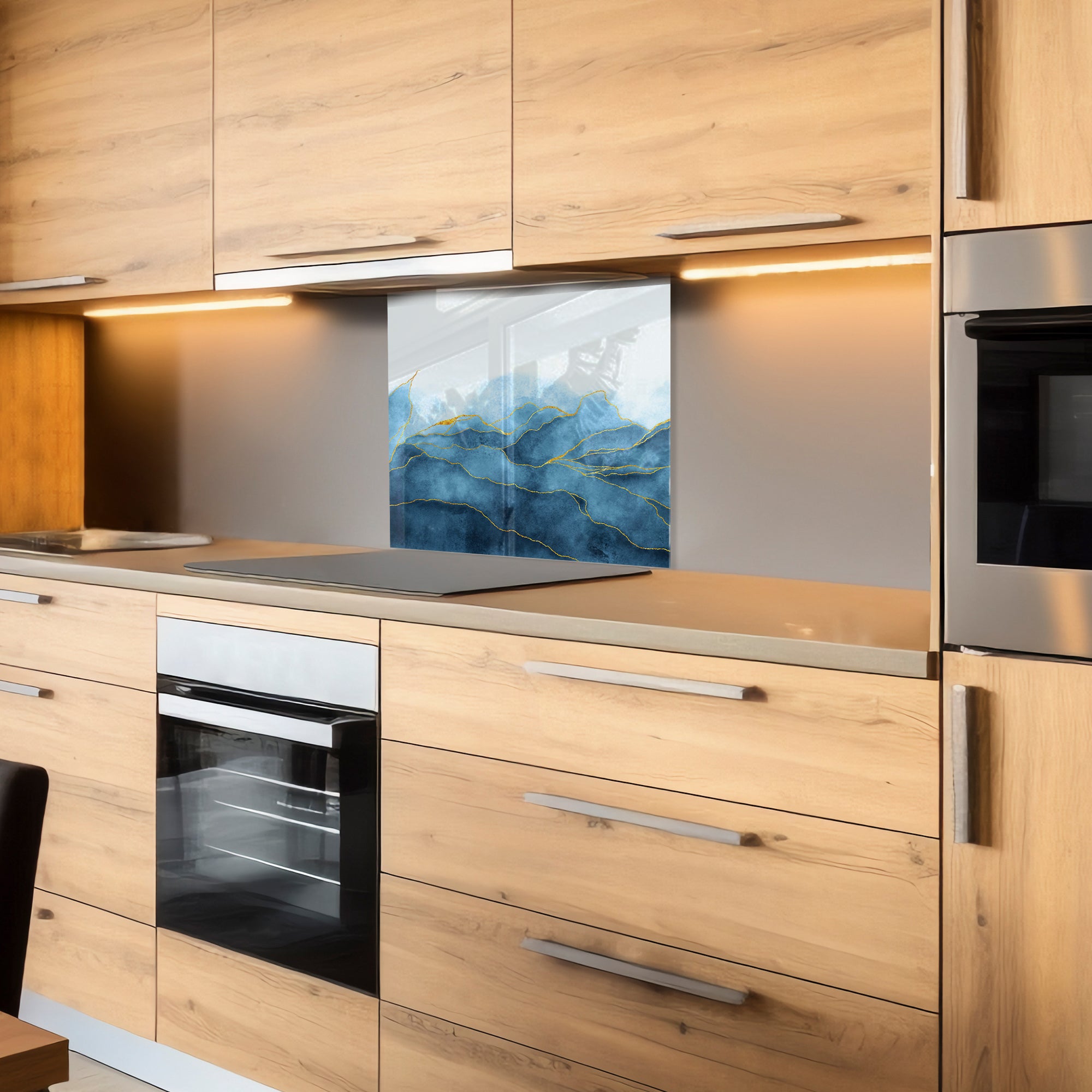 Blue Mountains Glass Backsplash – Gold Line Abstract Kitchen Panel
