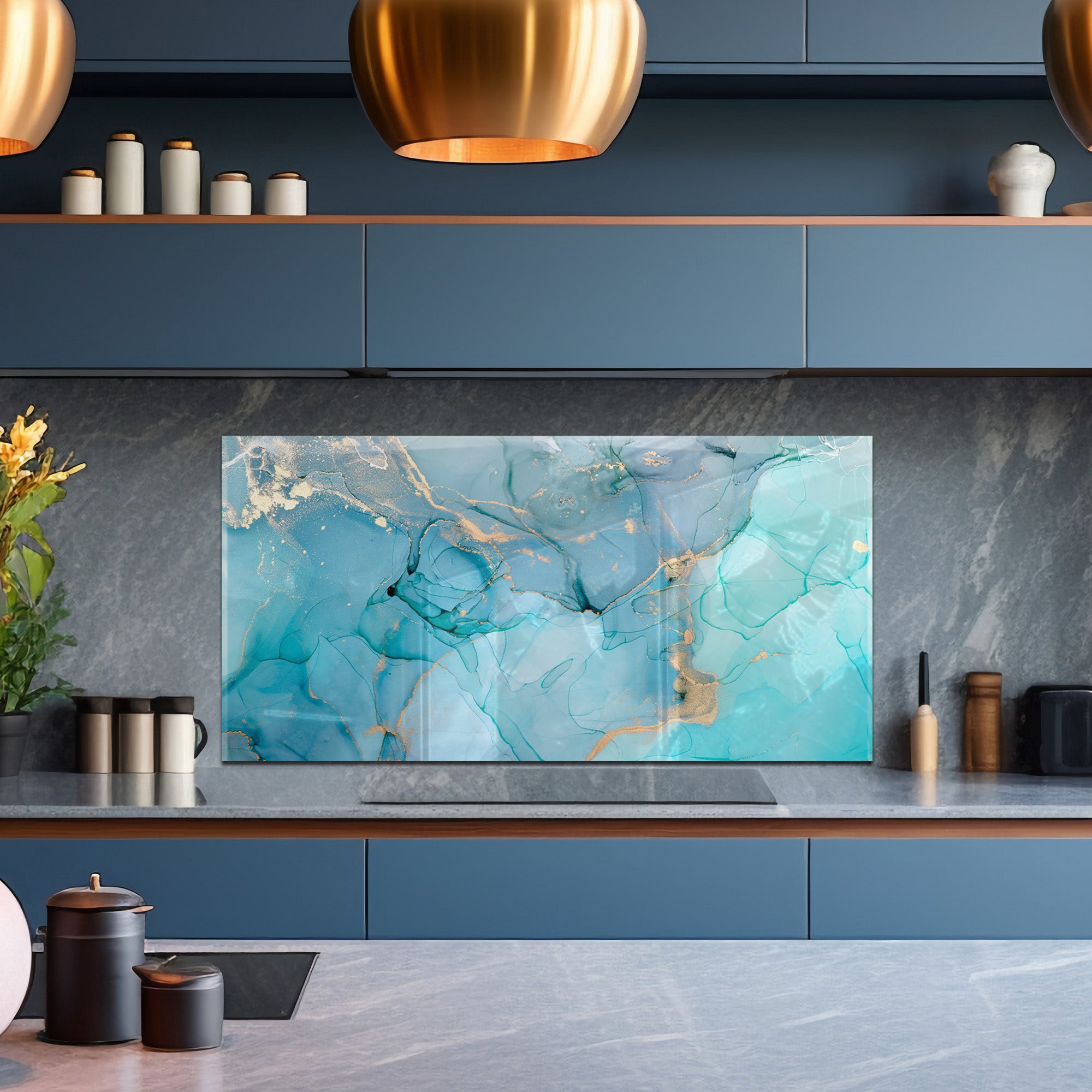 Aqua Marble Tempered Glass Backsplash – Turquoise & Gold Abstract Kitchen Panel