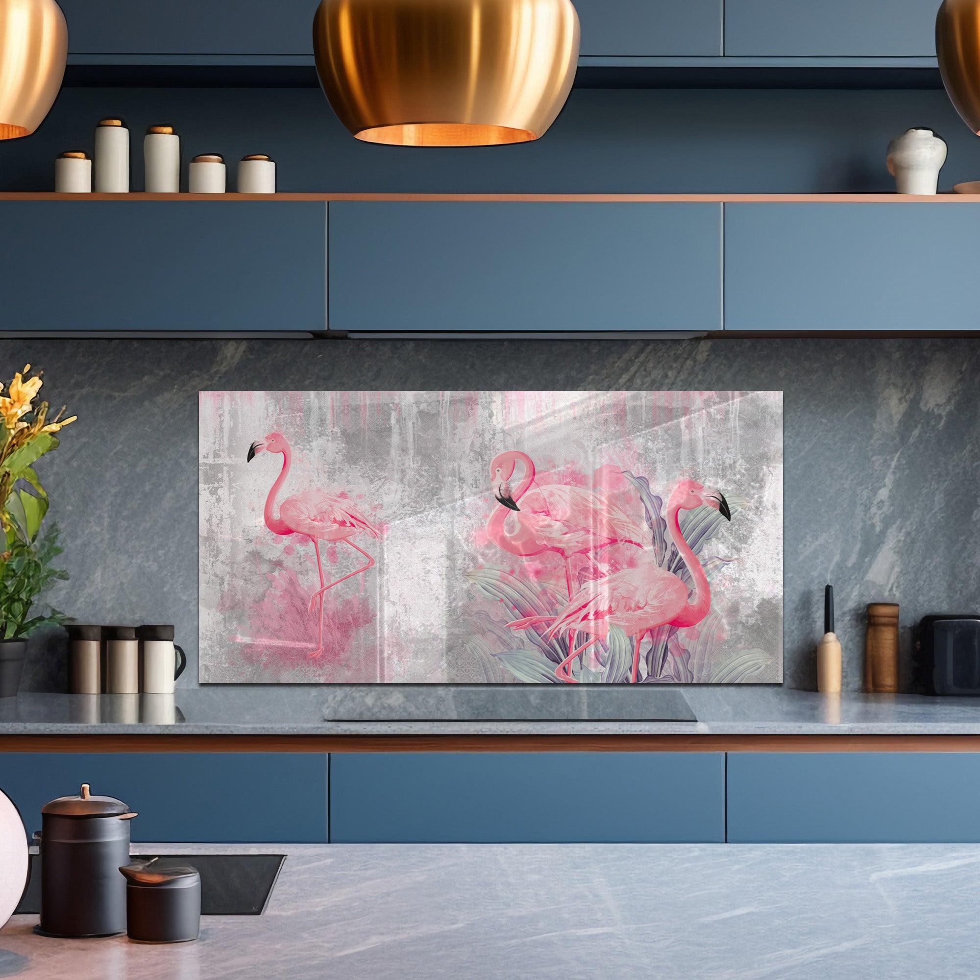 Pink Flamingos Tempered Glass Backsplash – Tropical Kitchen Art Panel