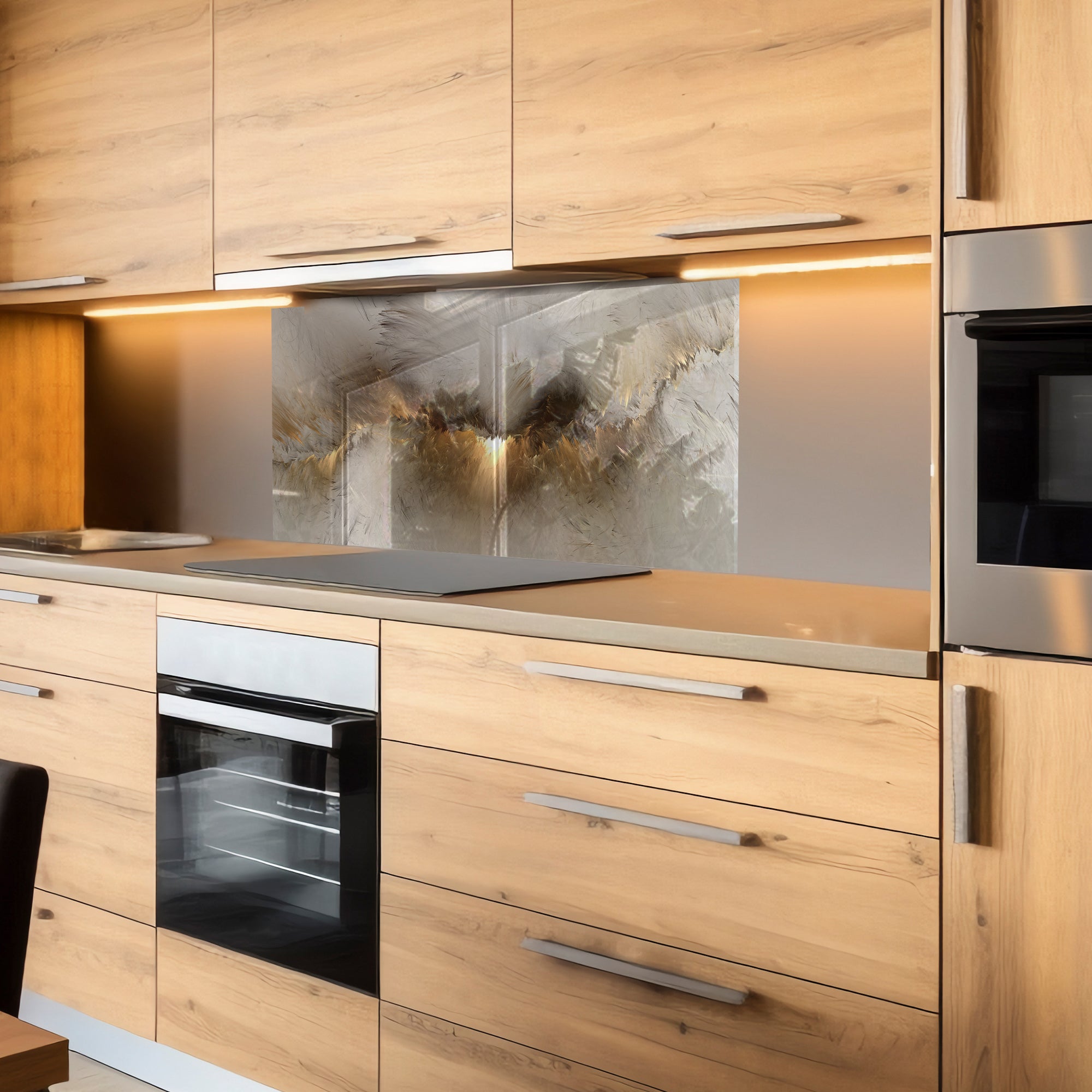 Abstract Grey & Gold Tempered Glass Backsplash – Modern Kitchen Wall Panel
