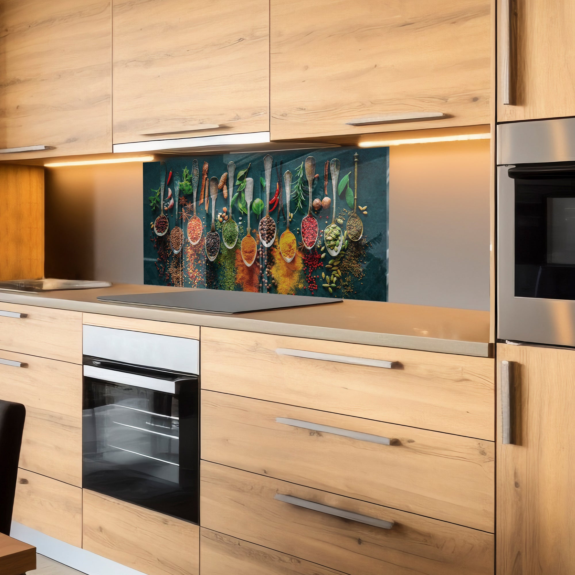 Harmony of Spices Tempered Glass Backsplash – Colorful Kitchen Wall Panel