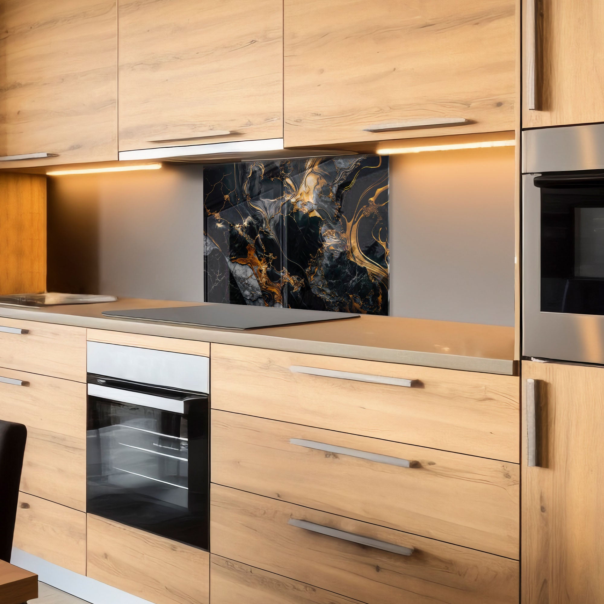 Black and Gold Marble Tempered Glass Stove Backsplash – Heat-Resistant Modern Kitchen Wall Panel