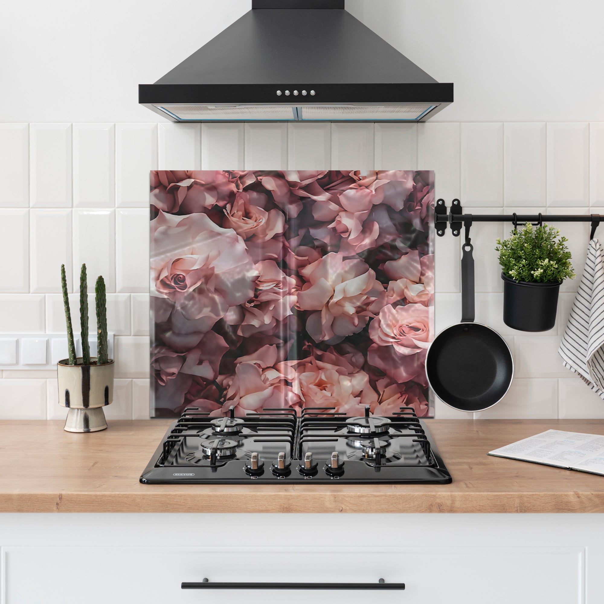 Pink Roses Tempered Glass Backsplash – Romantic Floral Kitchen Panel