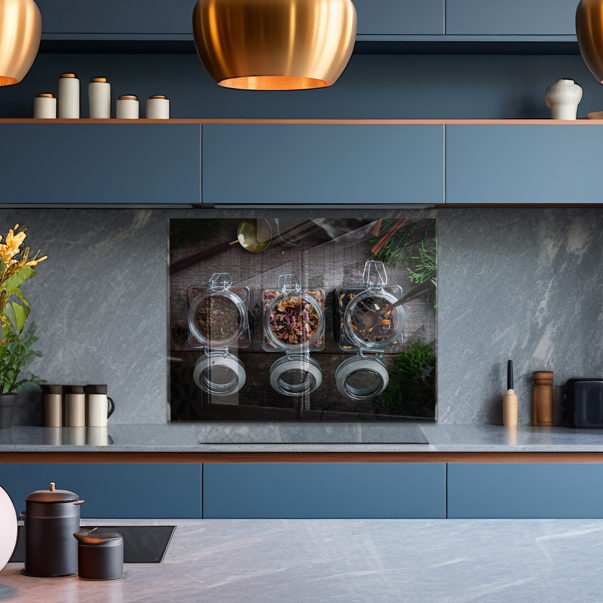 Tea Jar Kitchen Tempered Glass Backsplash – Rustic Herbal Wall Panel