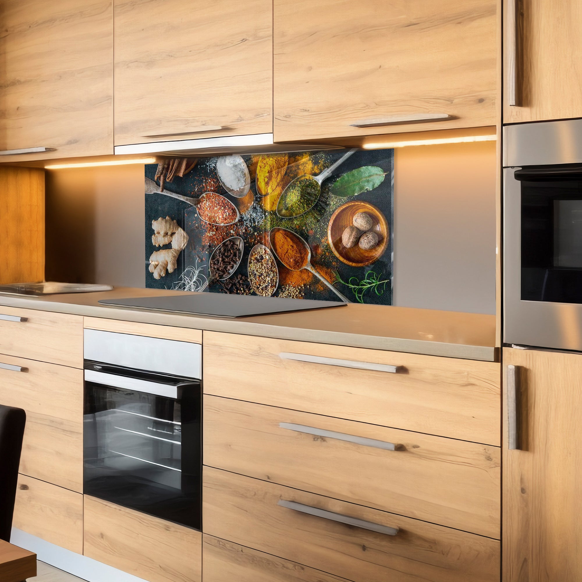 Colorful Spices Tempered Glass Backsplash – Culinary Art Kitchen Wall Panel