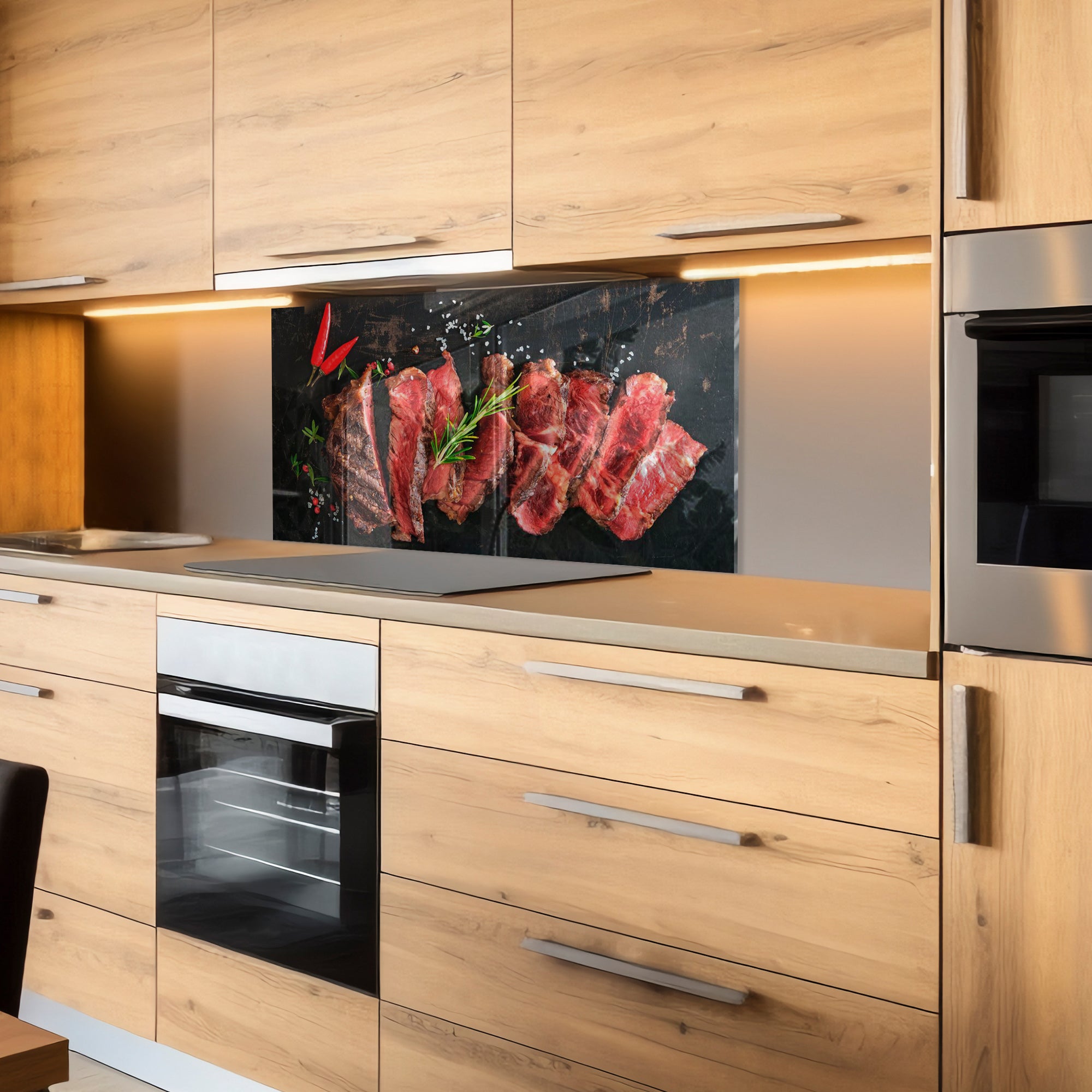 Juicy Steak Tempered Glass Backsplash – Meat Lover’s Kitchen Wall Panel