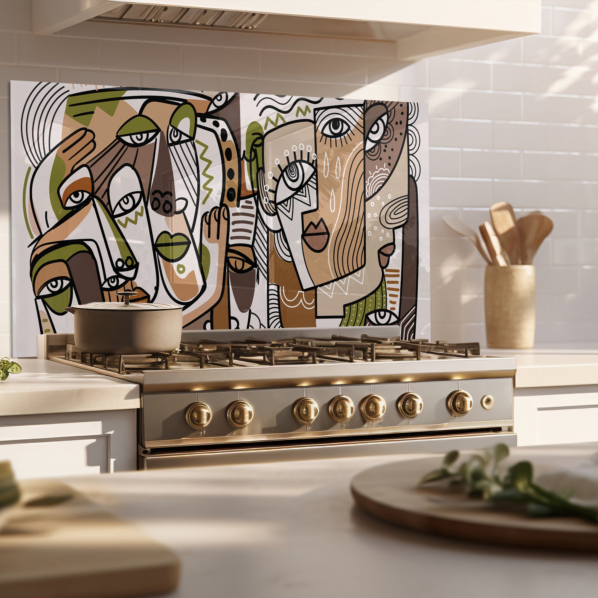 Cubist Faces Tempered Glass Backsplash – Abstract Modern Art Kitchen Panel