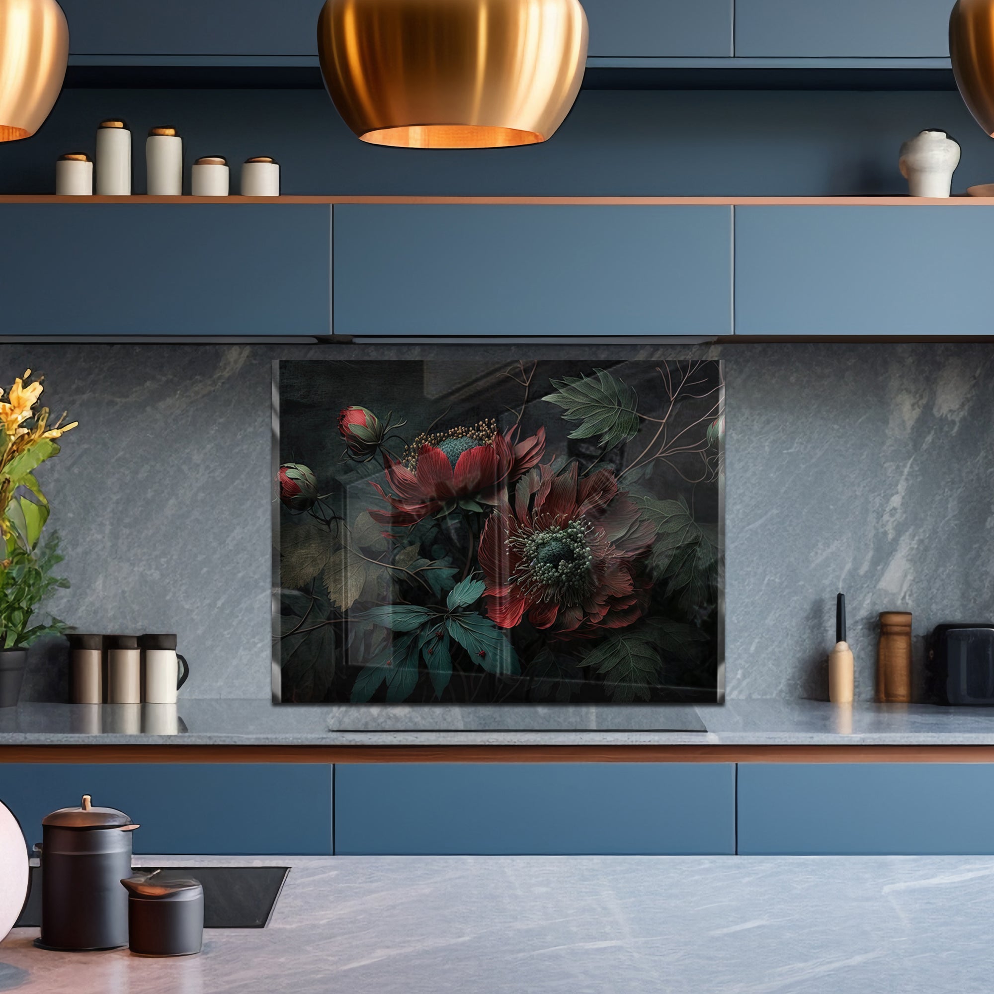 Dark Floral Elegance – Glass Kitchen Backsplash Panel