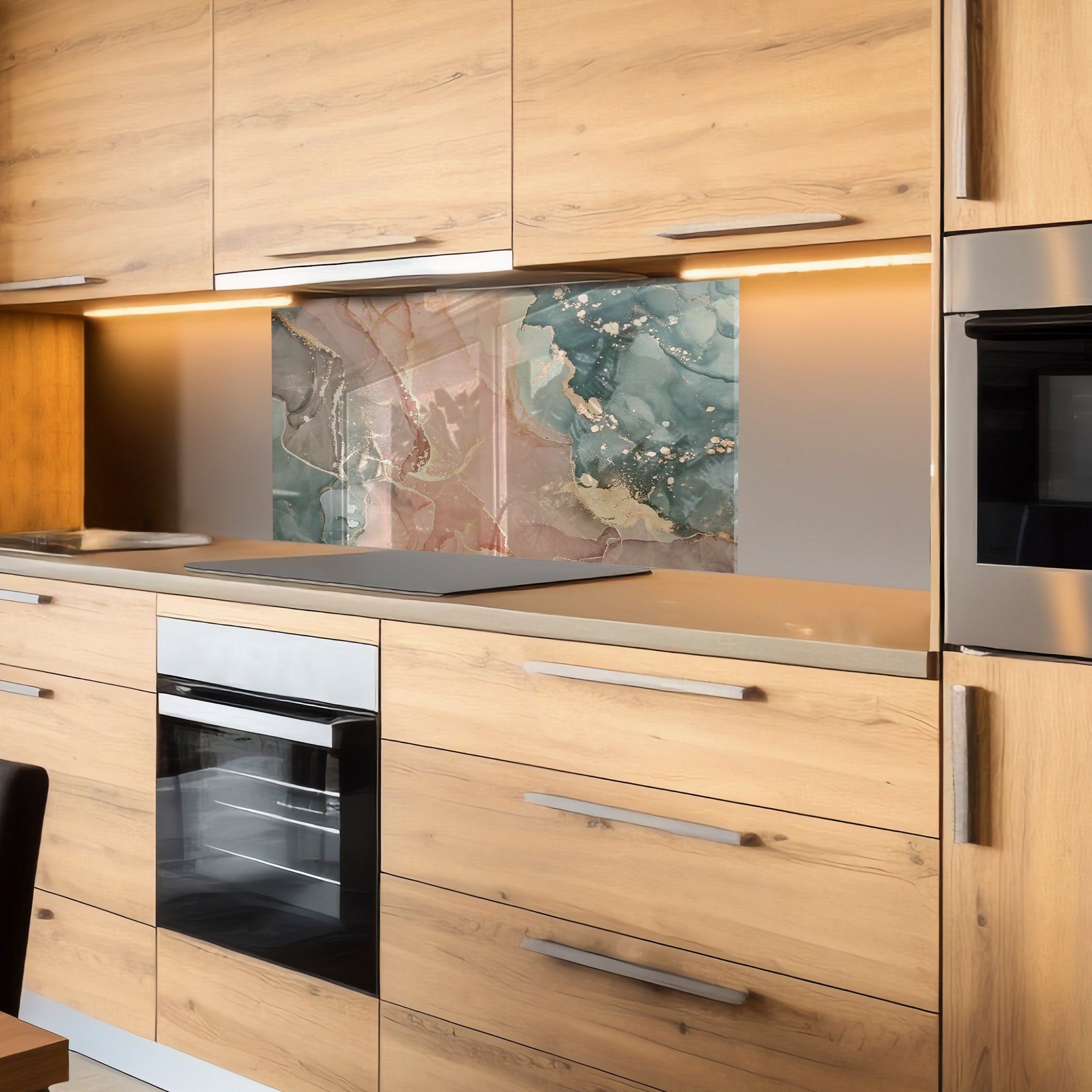 Green & Beige Ink Marble Glass Backsplash – Abstract Kitchen Panel