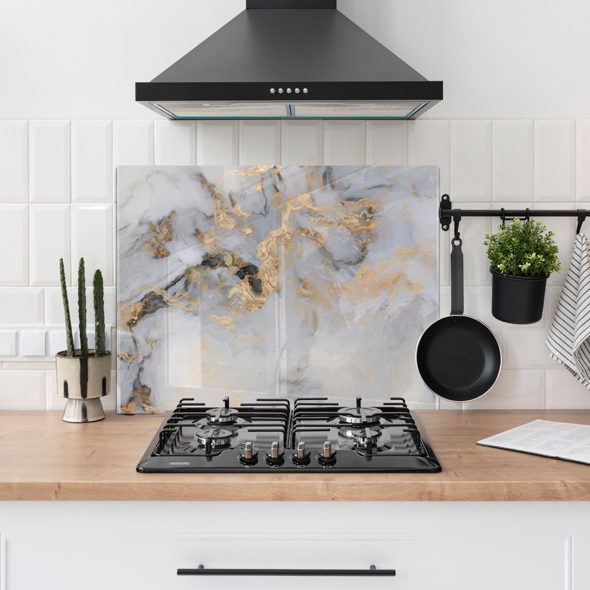 White & Gold Marble Tempered Glass Backsplash – Elegant Kitchen Wall Panel