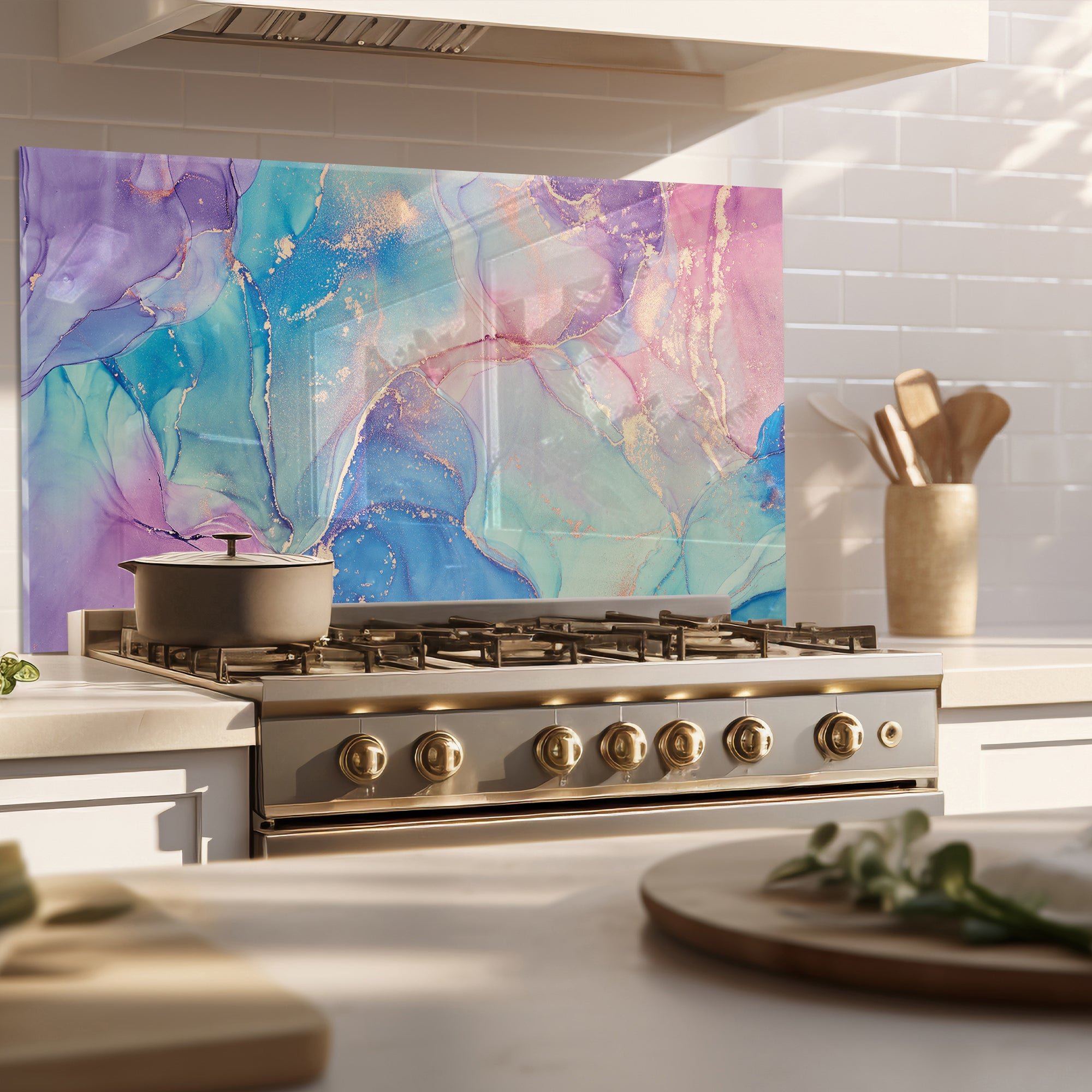 Colorful Ink Marble Glass Backsplash – Purple & Blue Abstract Kitchen Panel