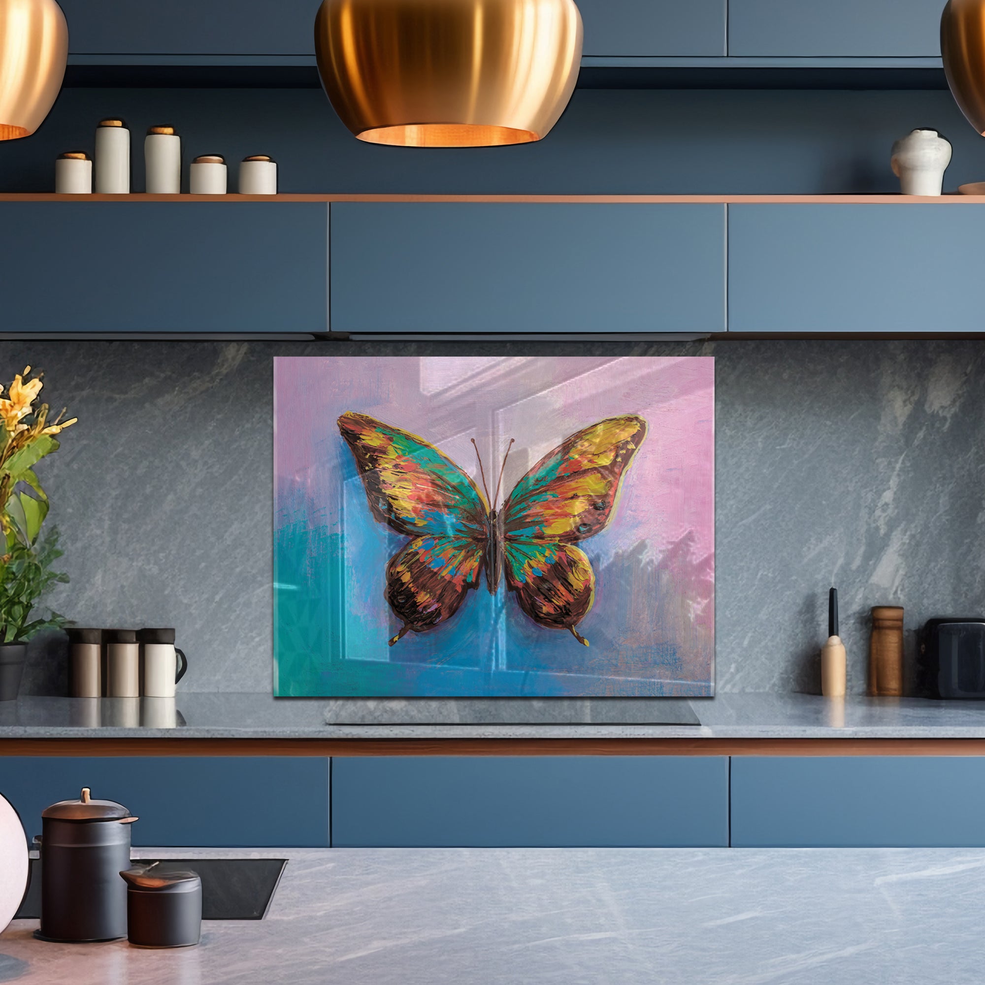 Colorful Butterfly Tempered Glass Backsplash – Artistic Kitchen Wall Panel