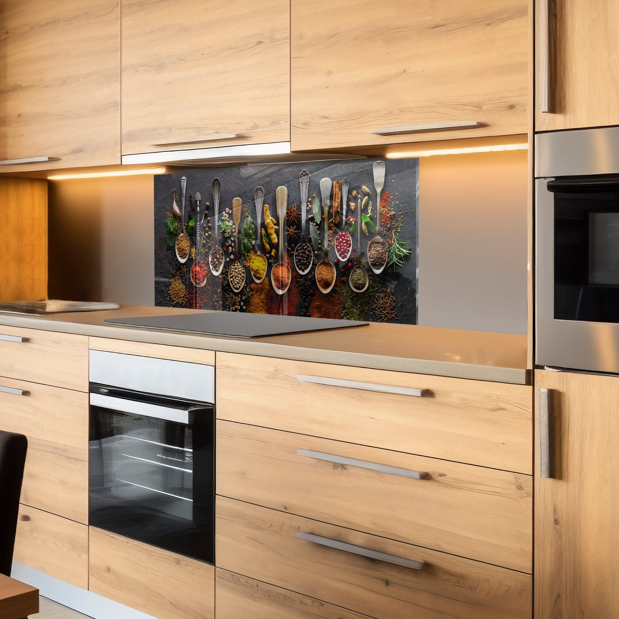 Spices on Dark Stone Tempered Glass Backsplash – Gourmet Kitchen Wall Panel