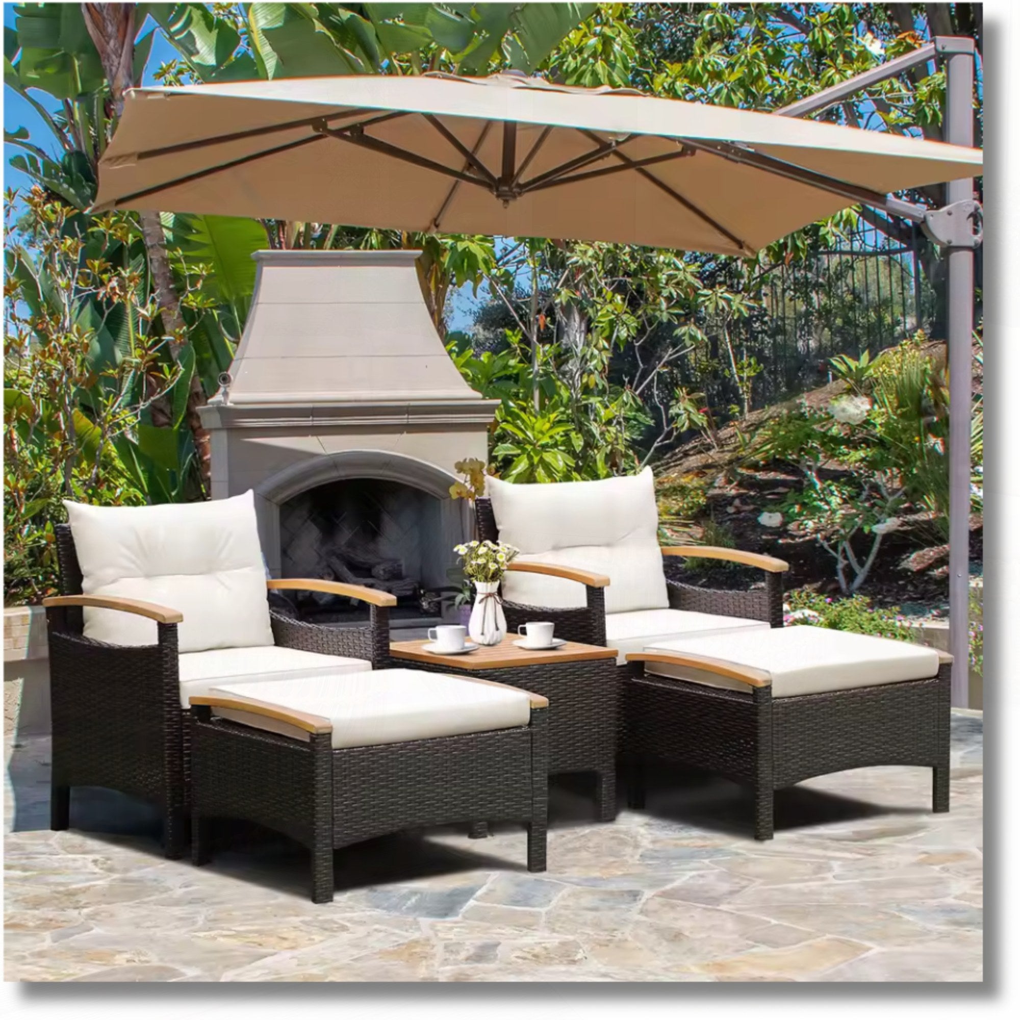 5PCS Patio Sofa Set by Add2Home – Rattan Chairs & Ottomans with Wood Top Table