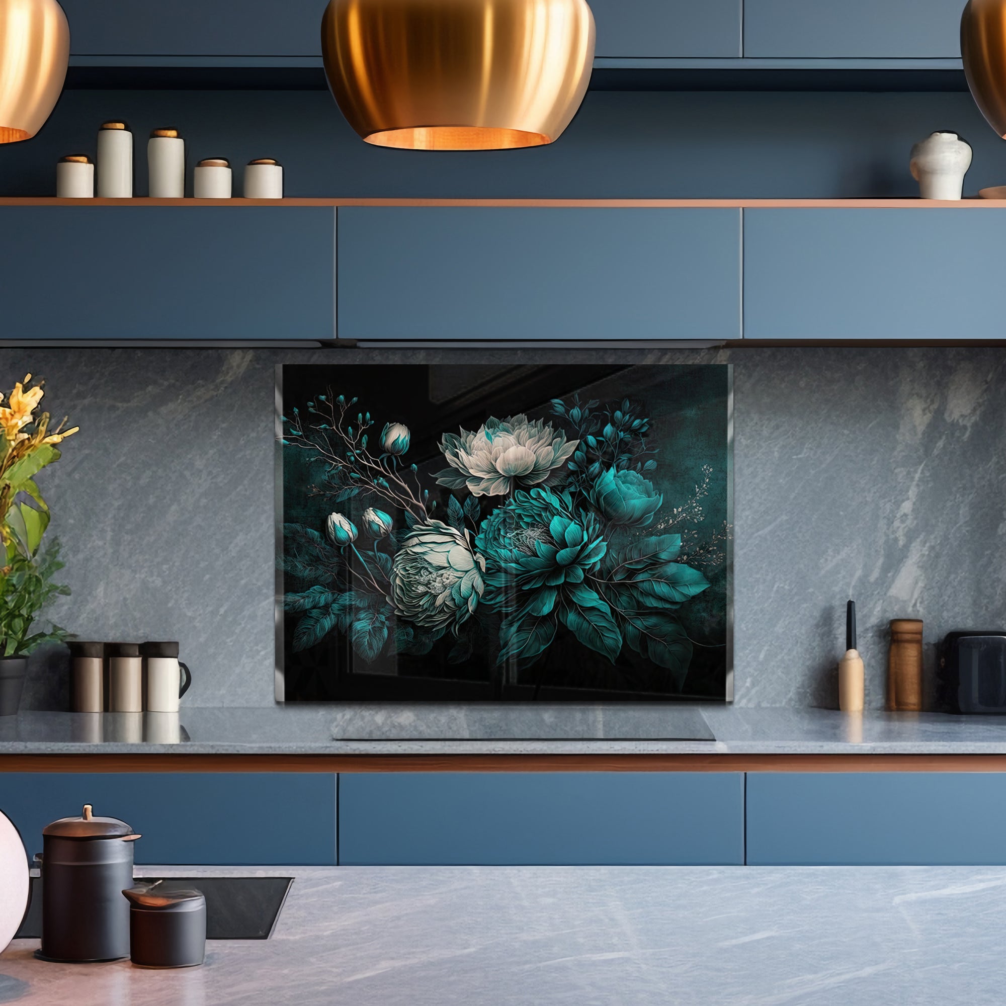 Floral Elegance Tempered Glass Backsplash – Dark Botanical Kitchen Panel