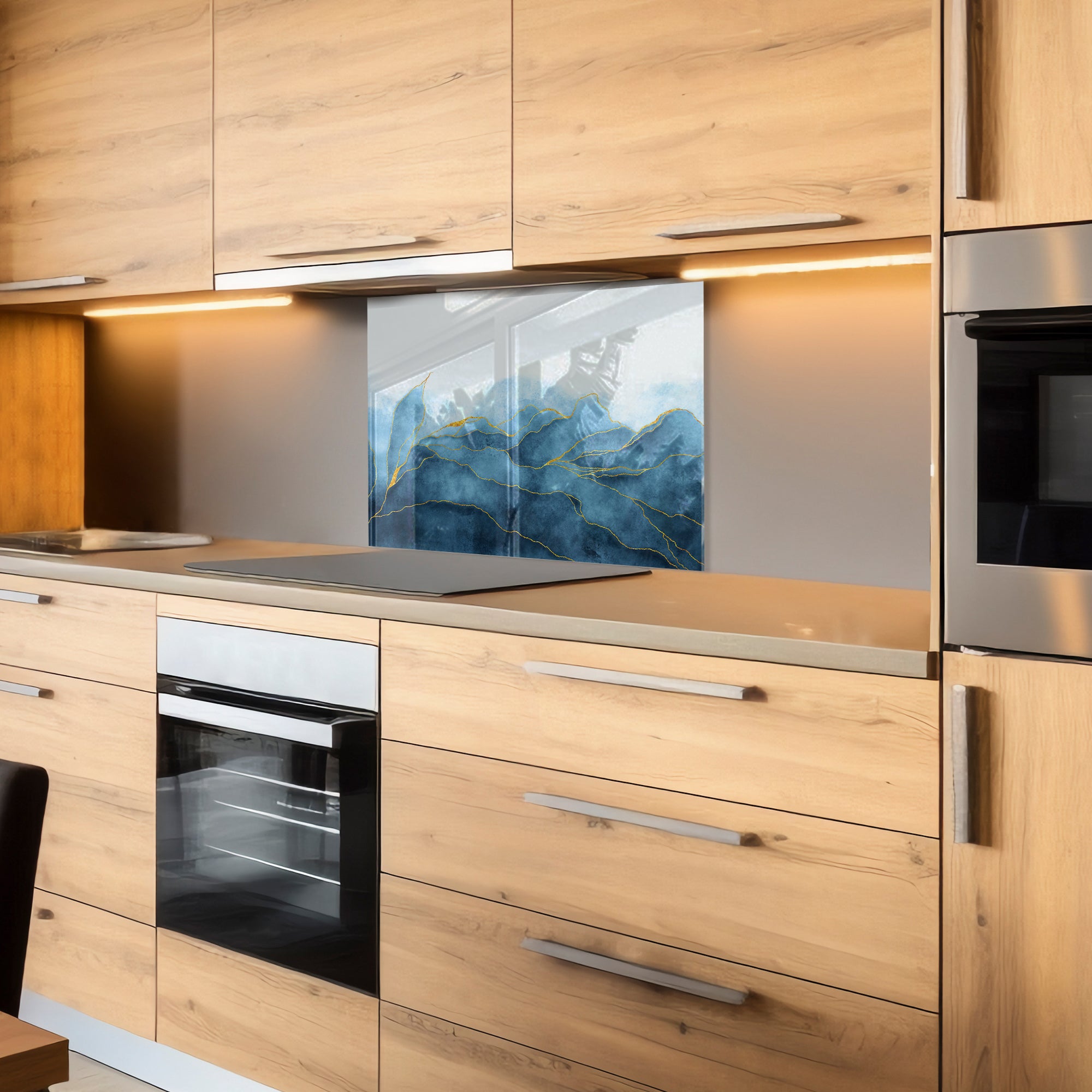 Blue Mountains Glass Backsplash – Gold Line Abstract Kitchen Panel