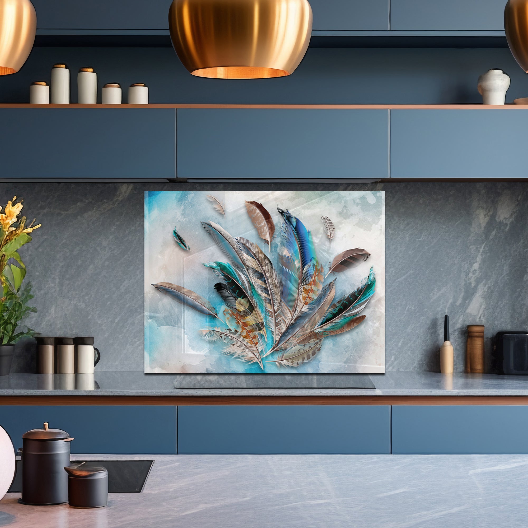 Feather Burst Tempered Glass Backsplash – Colorful Kitchen Art Panel