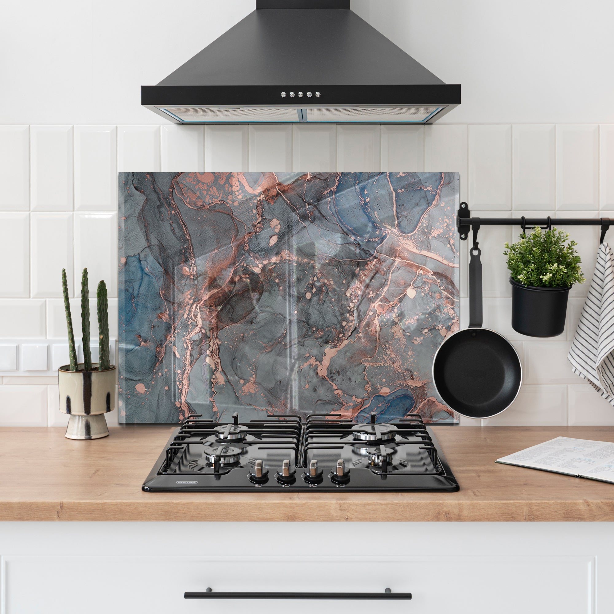 Smoky Rose Marble Tempered Glass Backsplash – Grey & Copper Abstract Panel