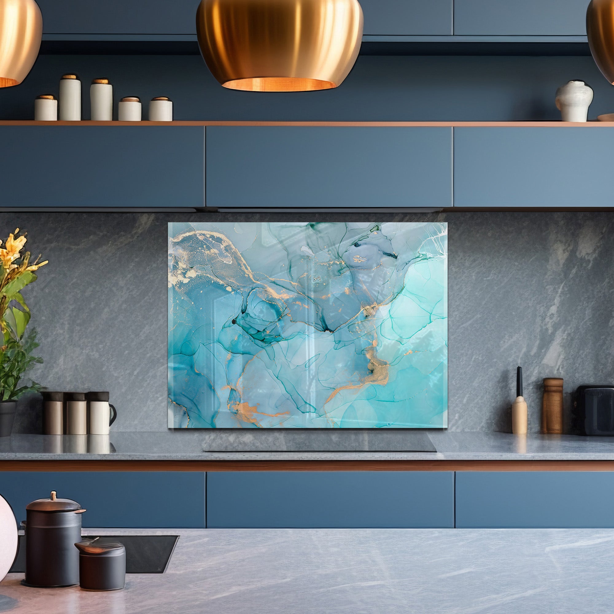 Aqua Marble Tempered Glass Backsplash – Turquoise & Gold Abstract Kitchen Panel