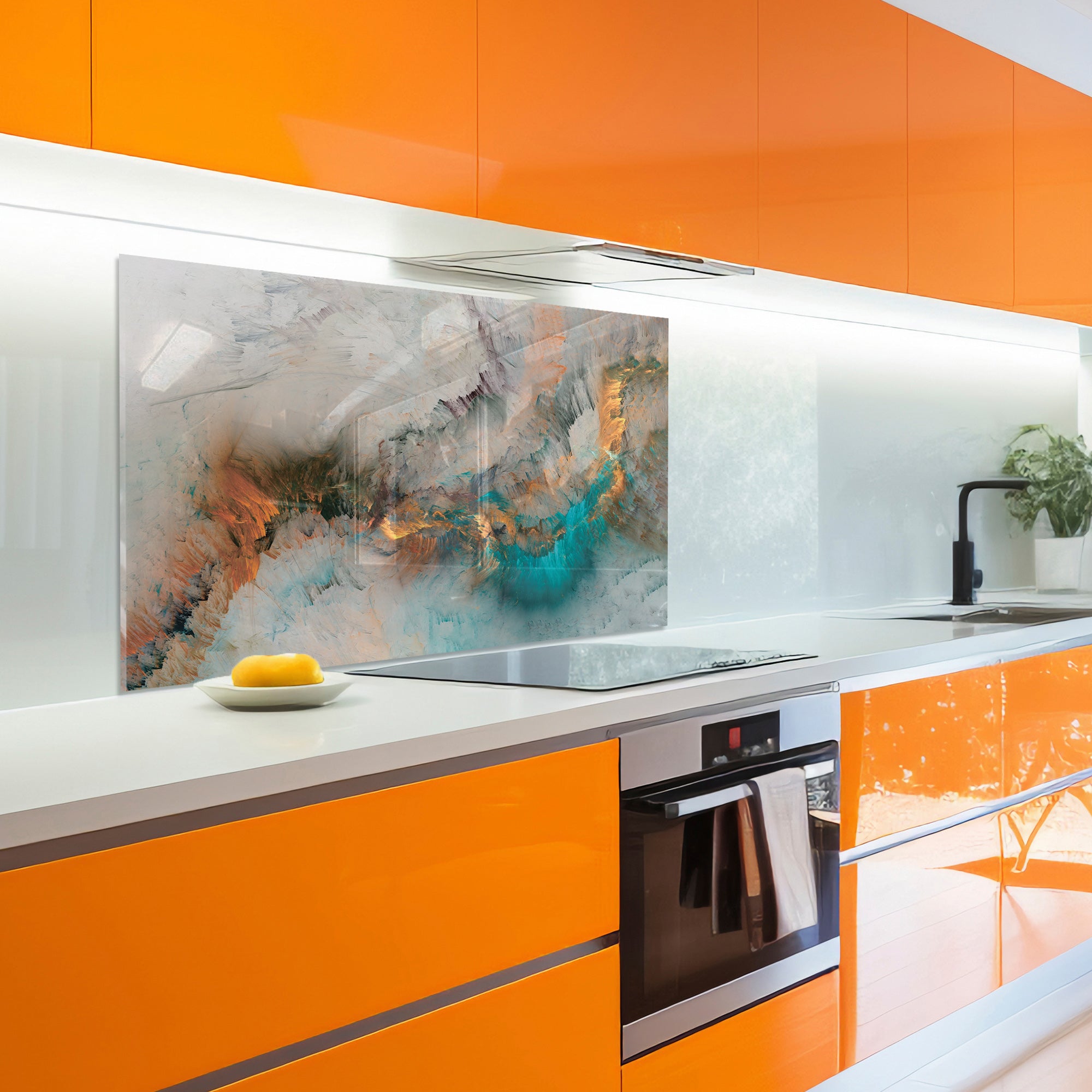 Abstract Ocean Mist Tempered Glass Backsplash – Turquoise & Copper Art Panel