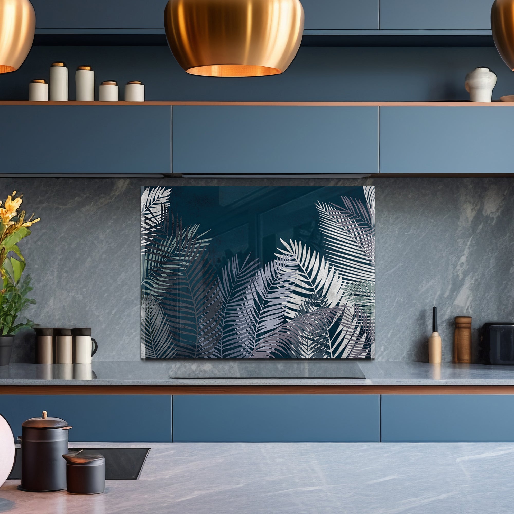 Midnight Palm Leaves Tempered Glass Backsplash – Dark Tropical Kitchen Panel