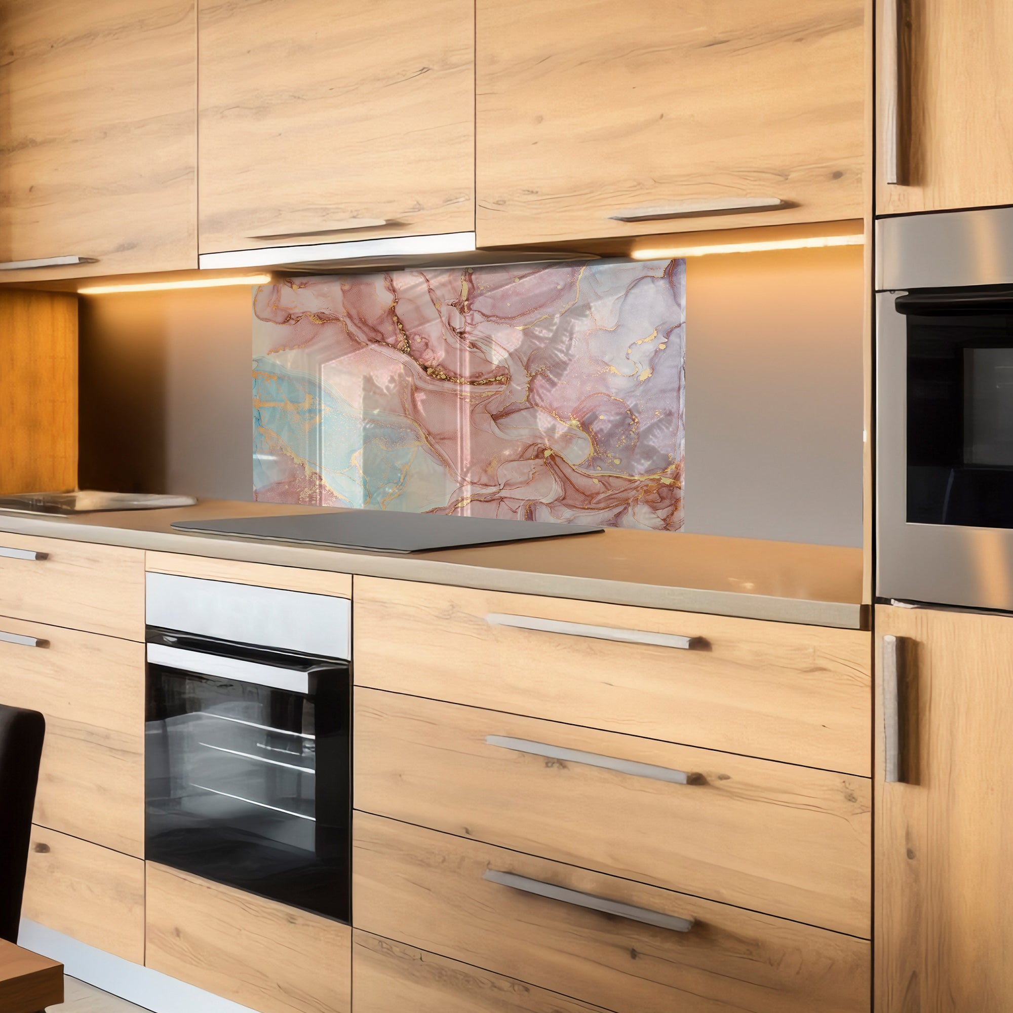 Pink Ink Marble Glass Backsplash – Elegant Abstract Kitchen Panel