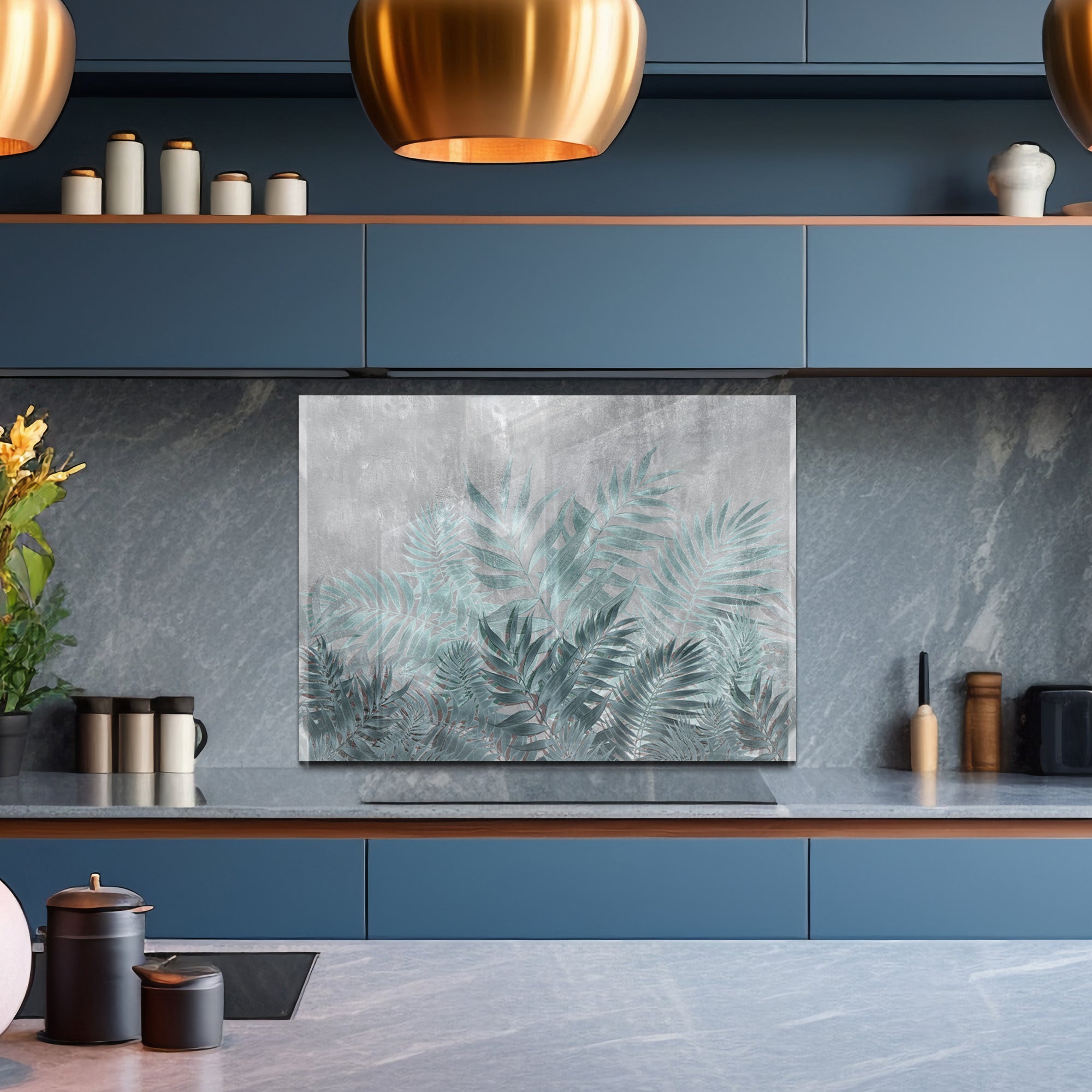 Tropical Leaves Tempered Glass Backsplash – Modern Botanical Kitchen Panel