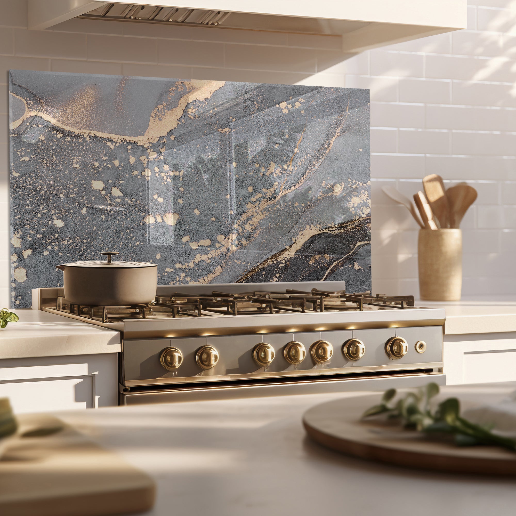 Grey Marble Tempered Glass Backsplash – Gold Vein Luxury Kitchen Panel