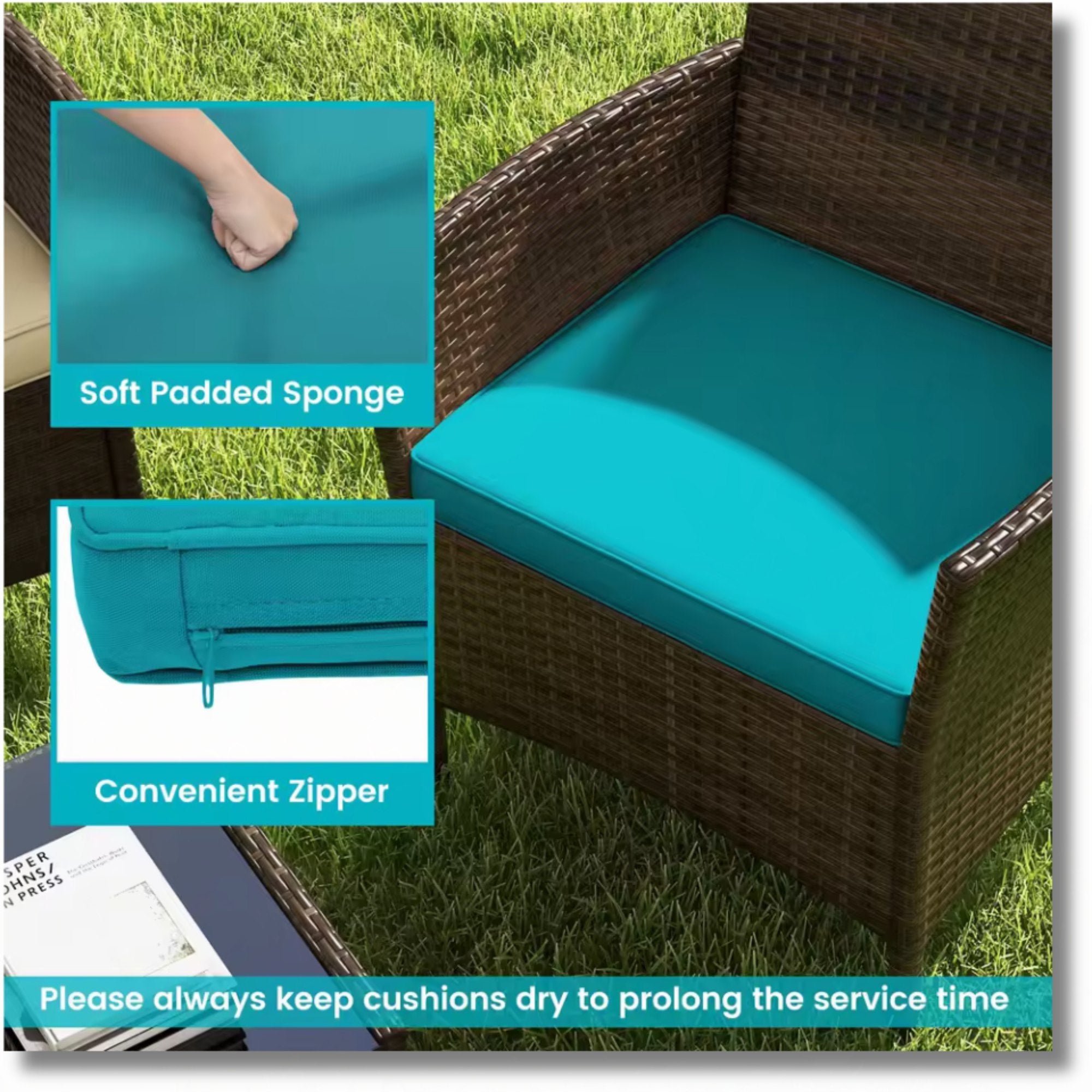 8PCS Outdoor Sectional Set by Add2Home – PE Rattan with Turquoise Cushions