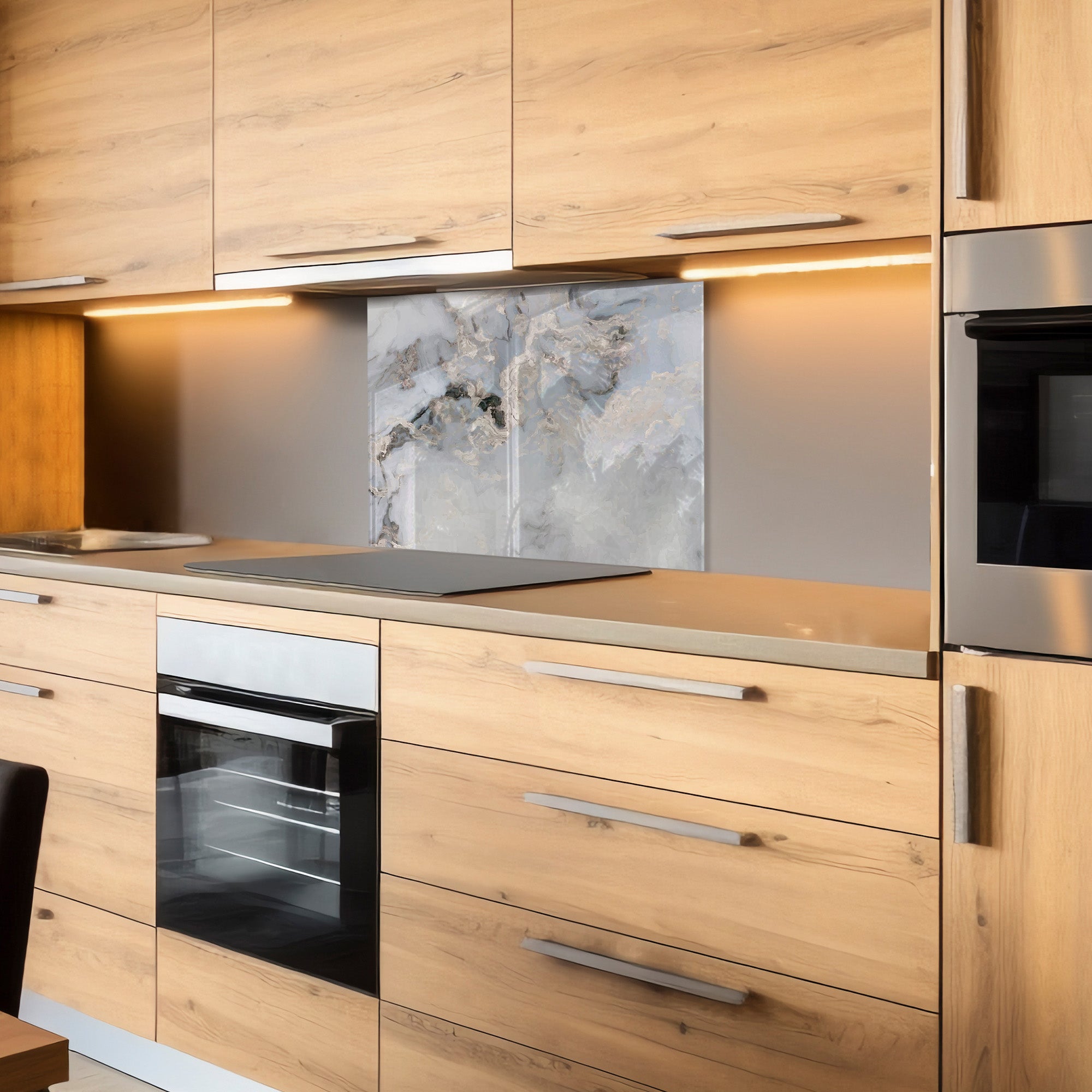 Classic Marble Tempered Glass Backsplash – White & Grey Stone Look Panel