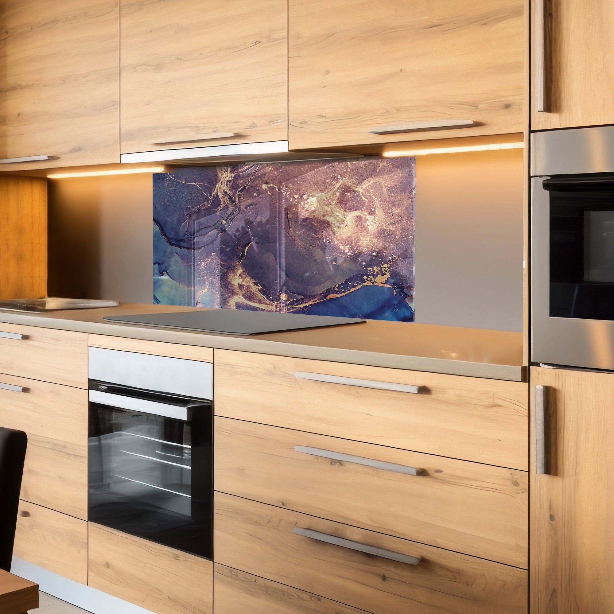 Ink Marble Tempered Glass Backsplash – Blue & Gold Abstract Kitchen Panel
