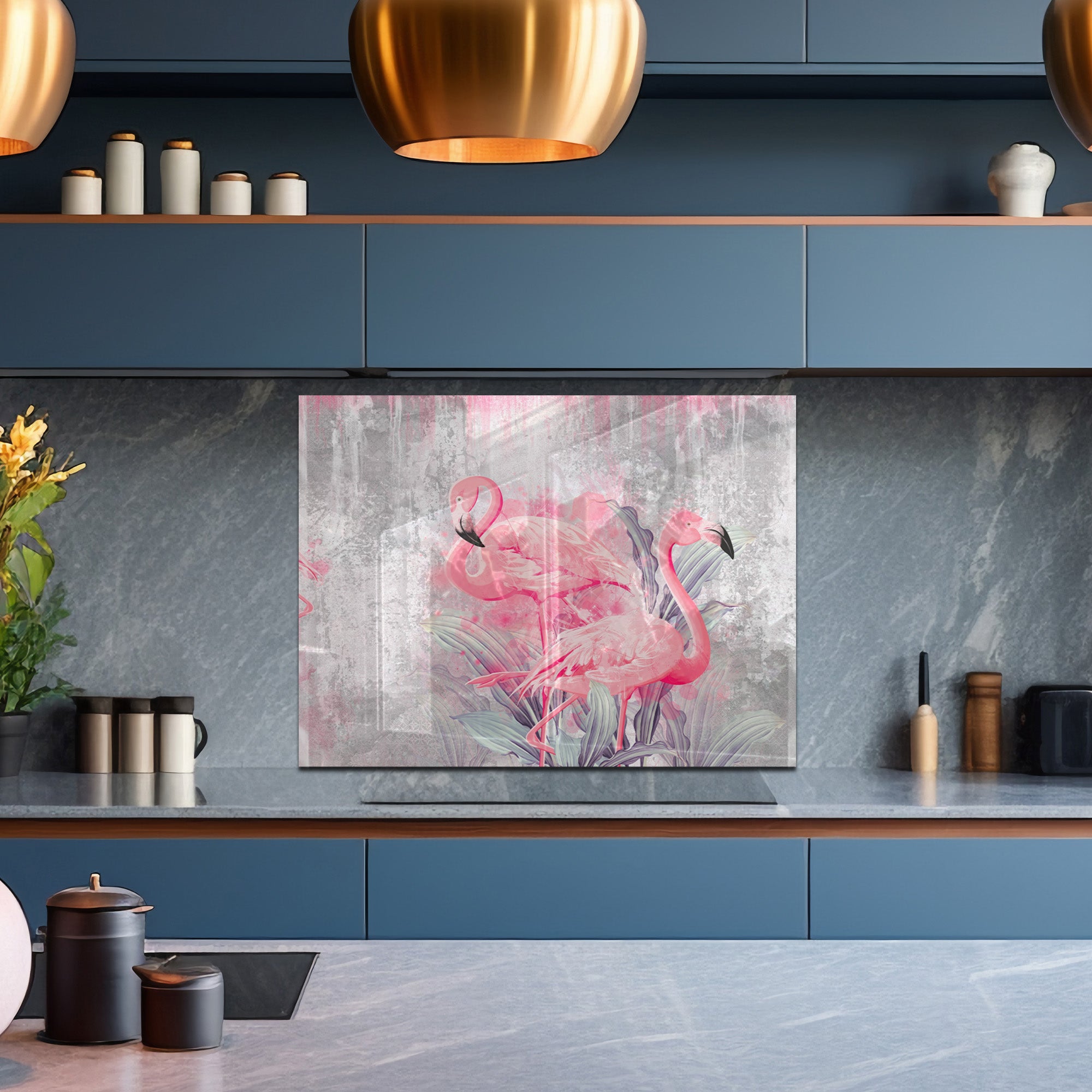 Pink Flamingos Tempered Glass Backsplash – Tropical Kitchen Art Panel