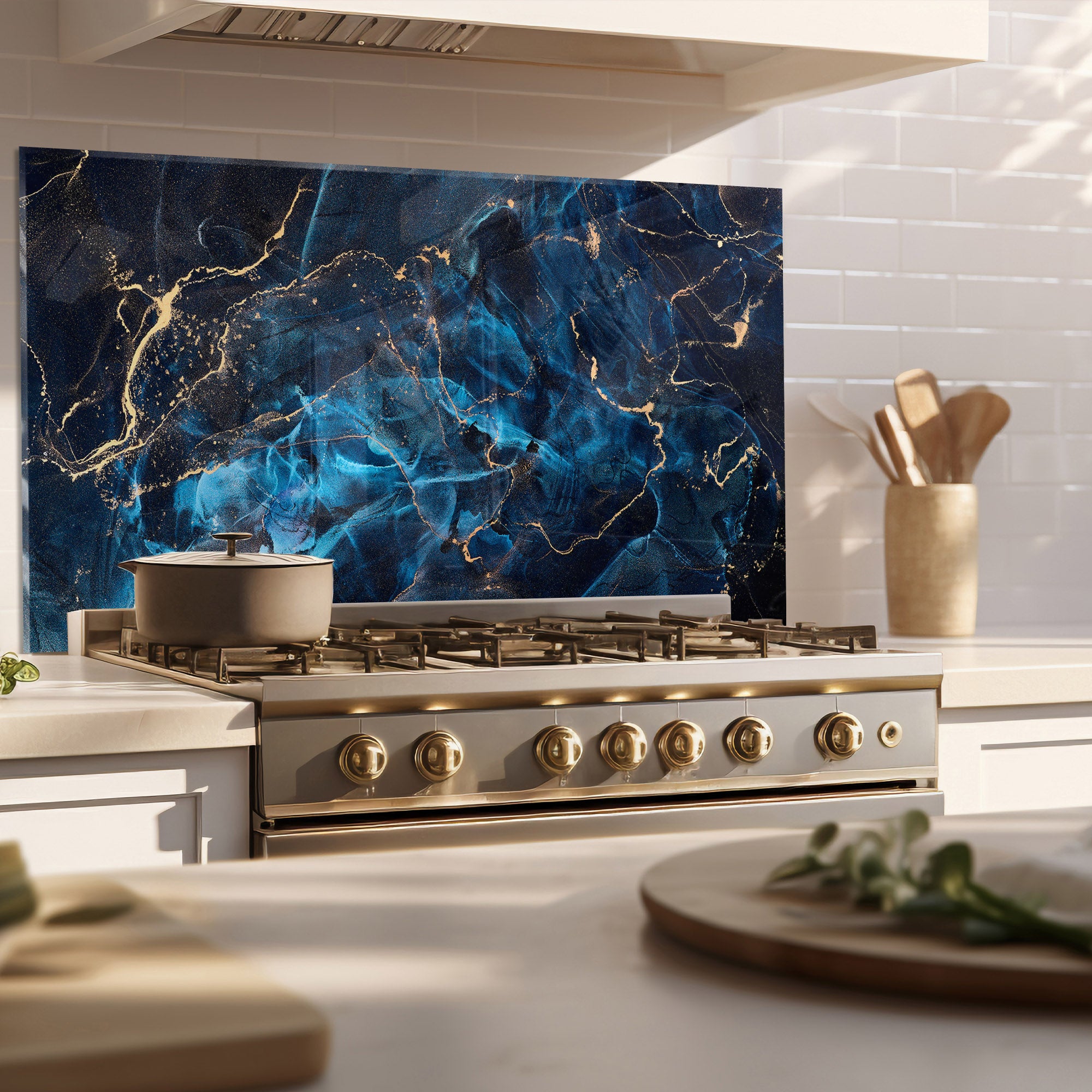 Blue Marble Tempered Glass Backsplash – Luxury Gold Vein Kitchen Panel