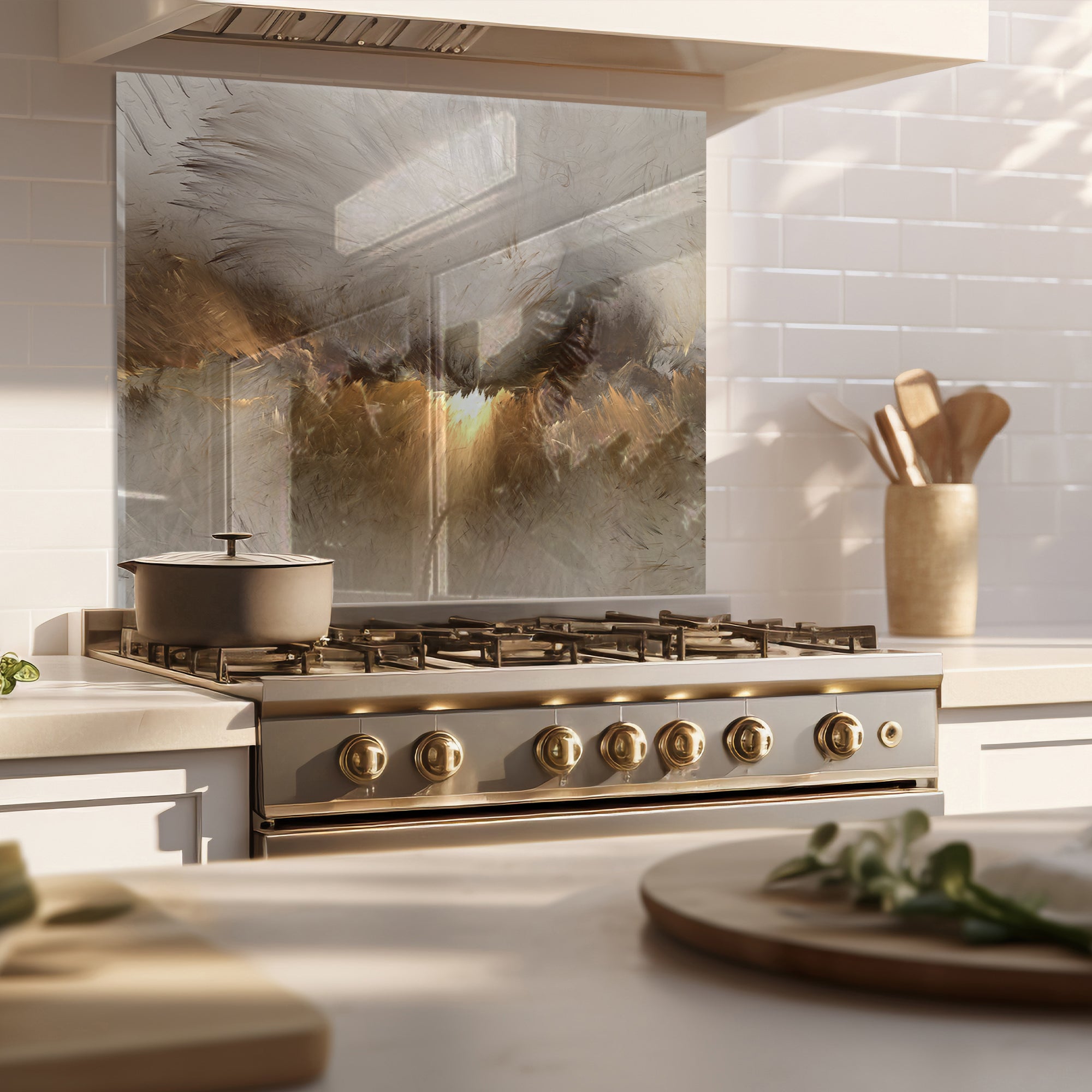 Abstract Grey & Gold Tempered Glass Backsplash – Modern Kitchen Wall Panel